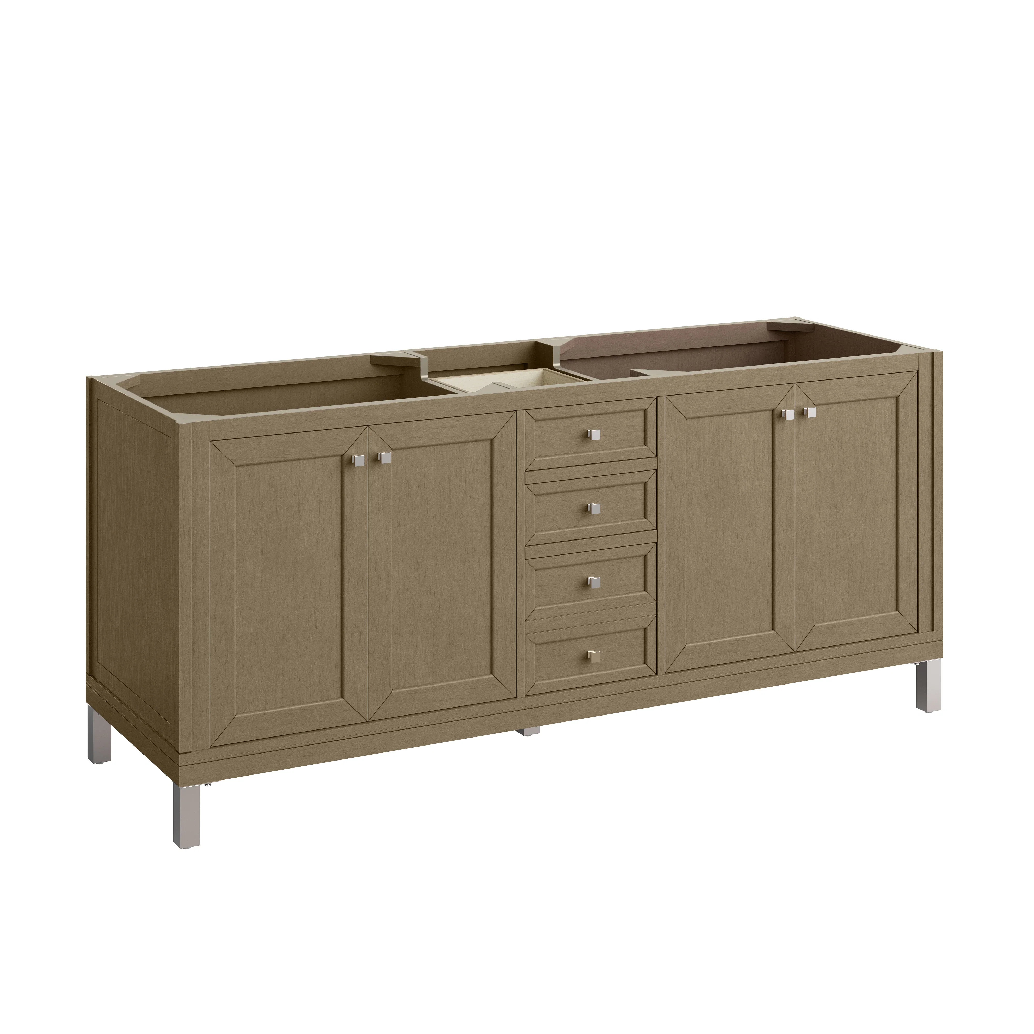 Chicago 72" Double Vanity, Walnut Whisper, w/ 3 CM Parisien Bleu Silestone® Top w/FreePower Wireless Charger