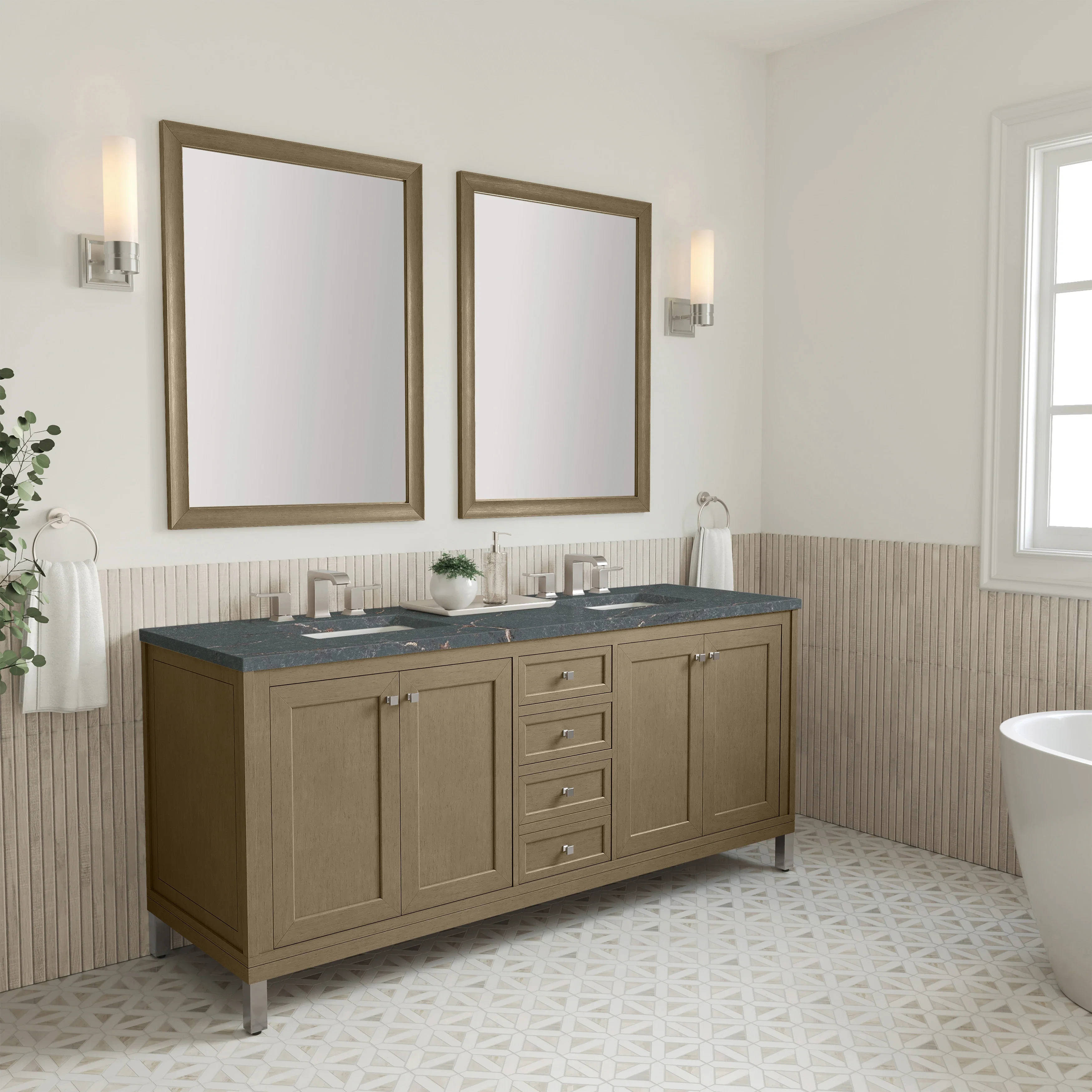 Chicago 72" Double Vanity, Walnut Whisper, w/ 3 CM Parisien Bleu Silestone® Top w/FreePower Wireless Charger