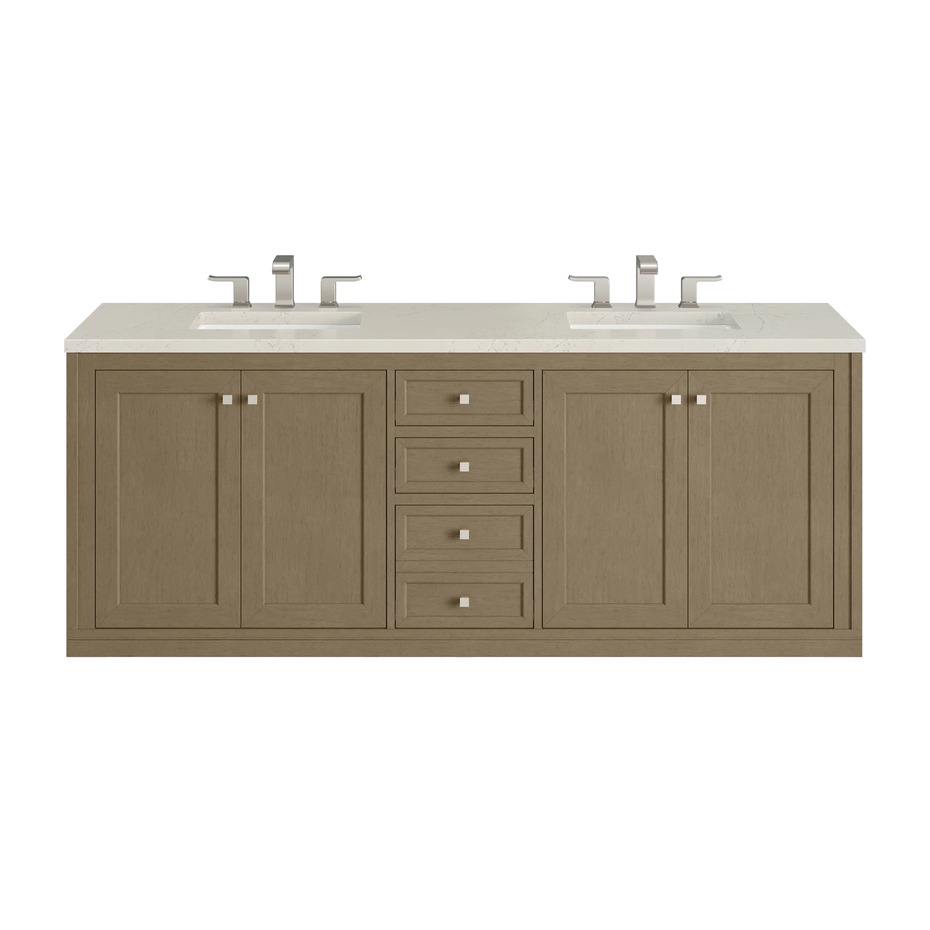 Chicago 72" Double Vanity, Walnut Whisper, w/ 3 CM Siberian Silestone Top w/FreePower Wireless Charger