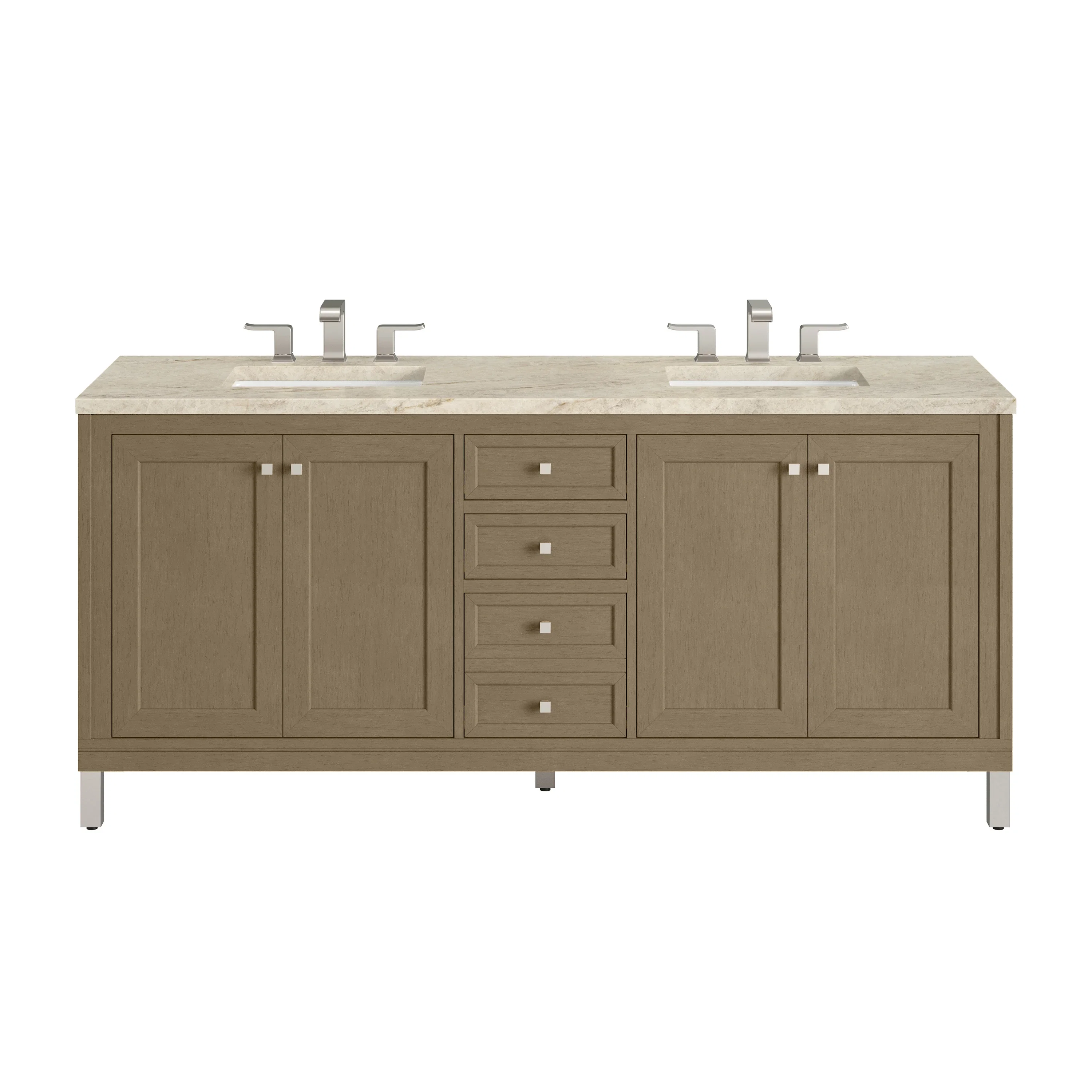 Chicago 72" Double Vanity, Walnut Whisper, w/ 3 CM Tajnar Eclos Top w/FreePower Wireless Charger