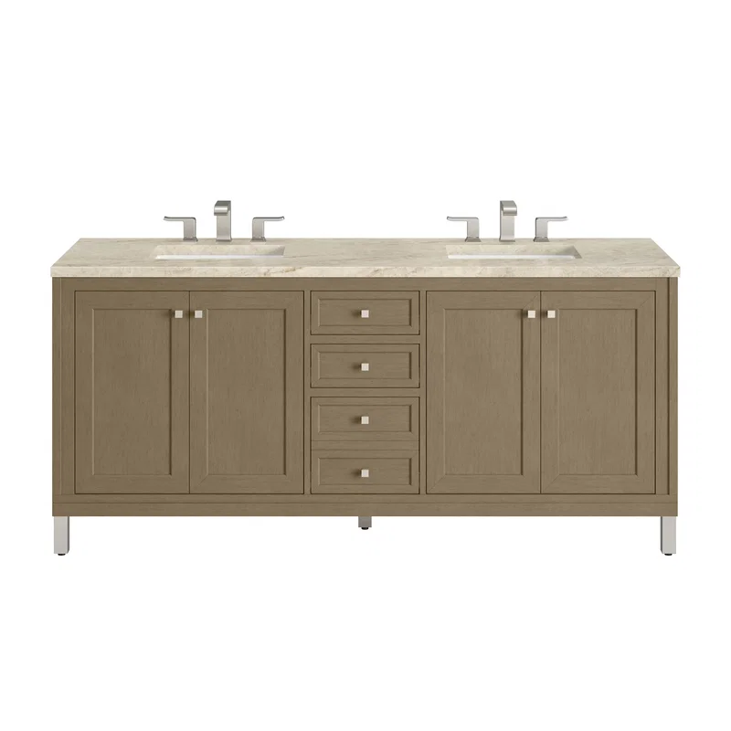 Chicago 72" Double Vanity, Walnut Whisper, w/ 3 CM Tajnar Eclos Top w/FreePower Wireless Charger