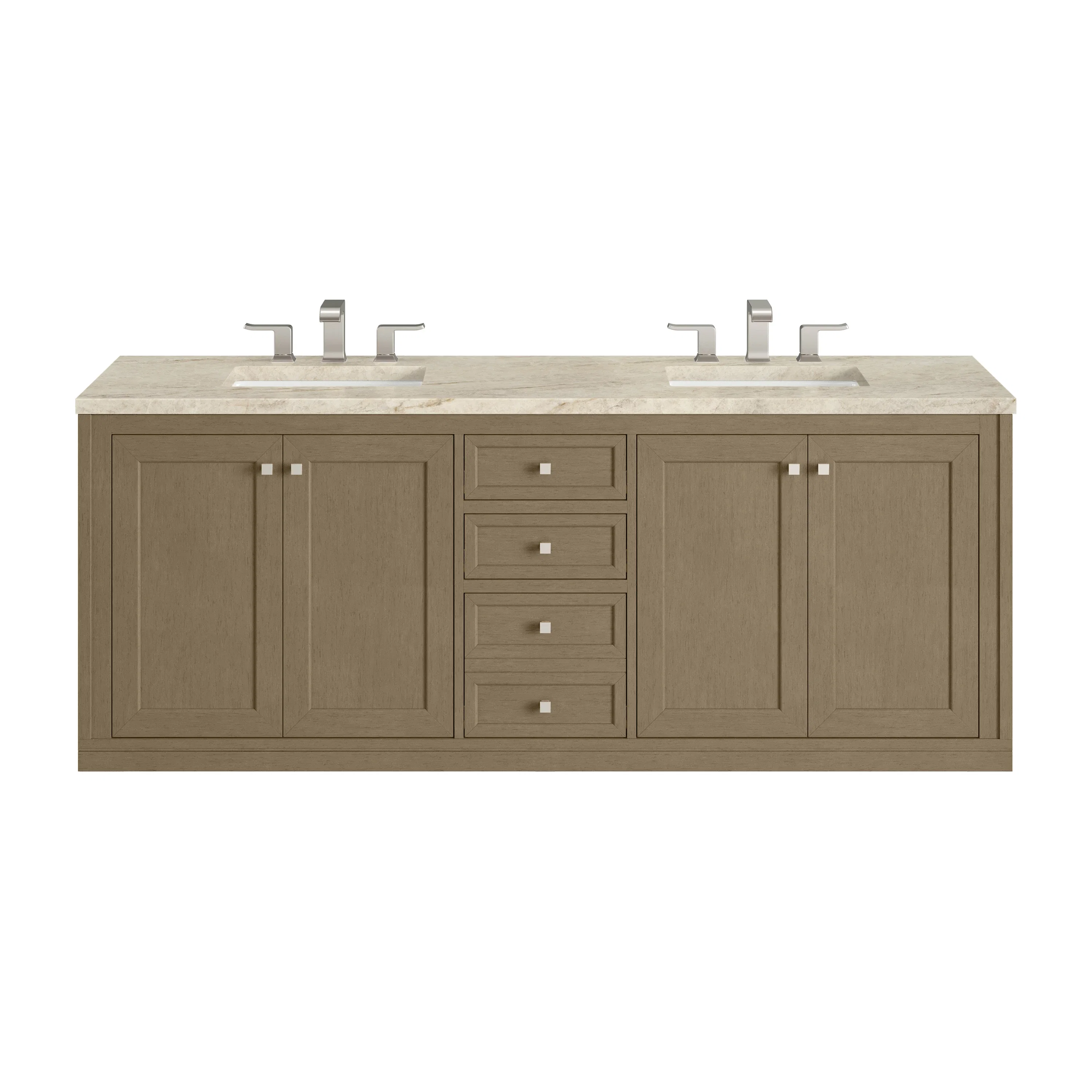 Chicago 72" Double Vanity, Walnut Whisper, w/ 3 CM Tajnar Eclos Top w/FreePower Wireless Charger