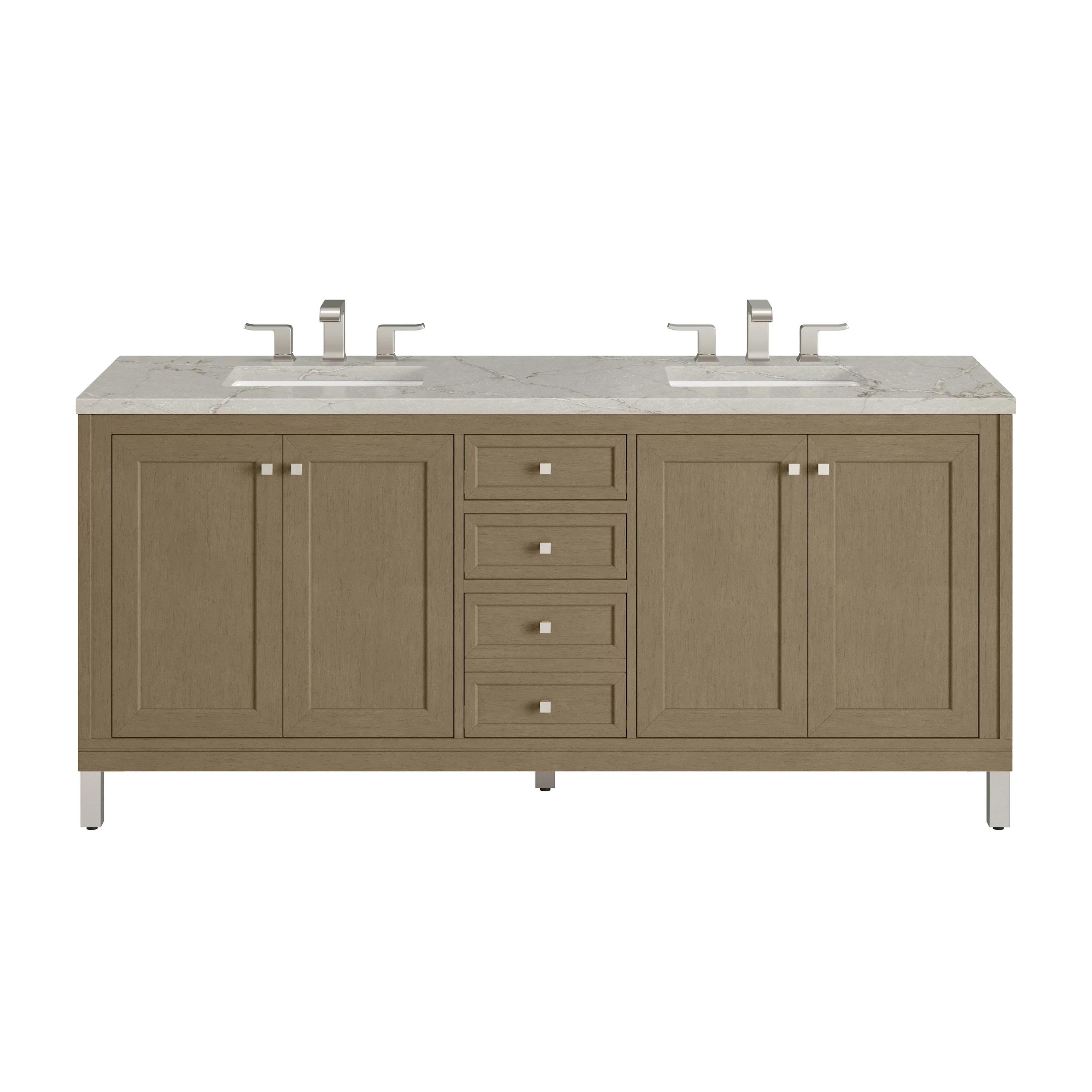 Chicago 72" Double Vanity, Walnut Whisper, w/ 3 CM Victorian Silver Silestone Top w/ FreePower Wireless Charger