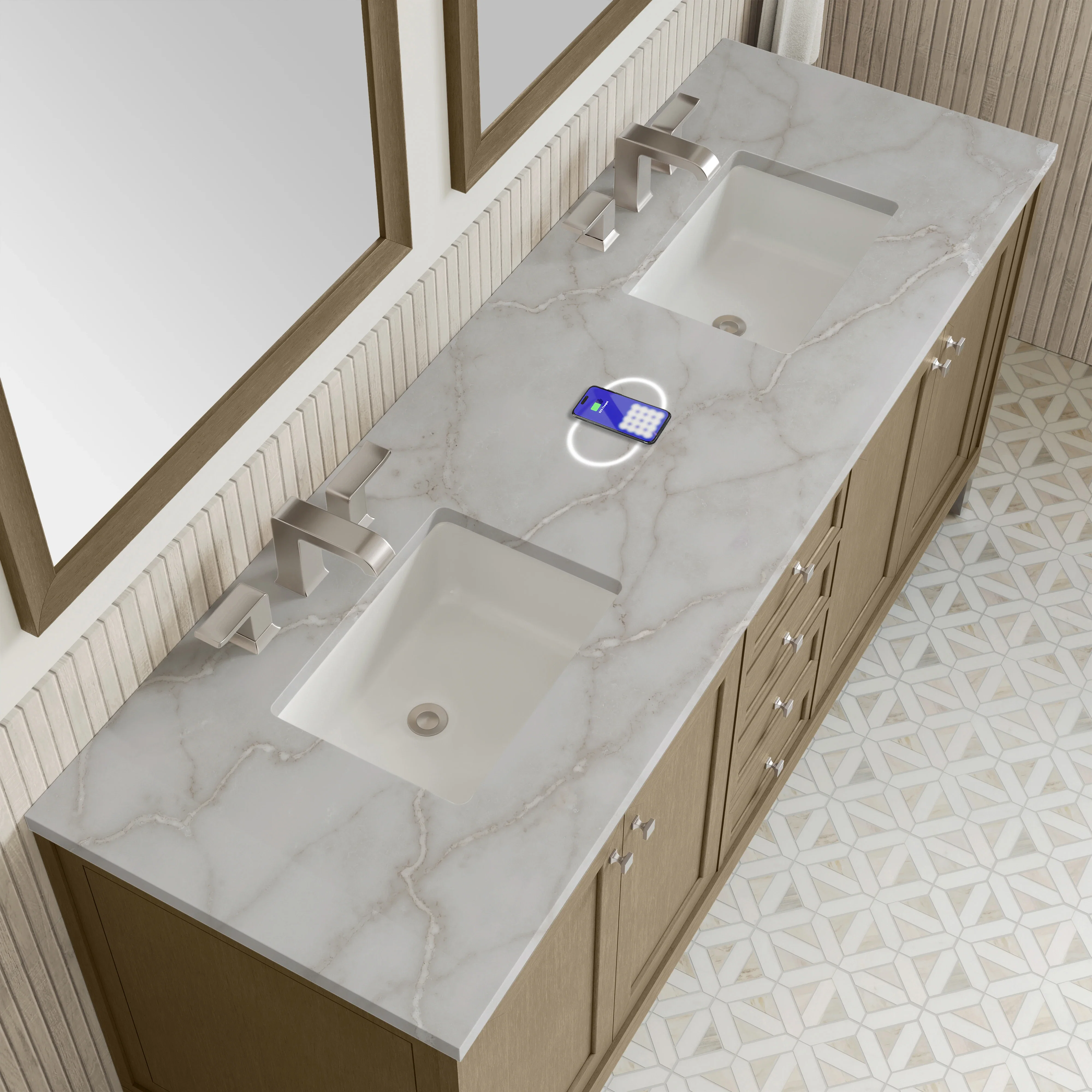 Chicago 72" Double Vanity, Walnut Whisper, w/ 3 CM Victorian Silver Silestone Top w/ FreePower Wireless Charger