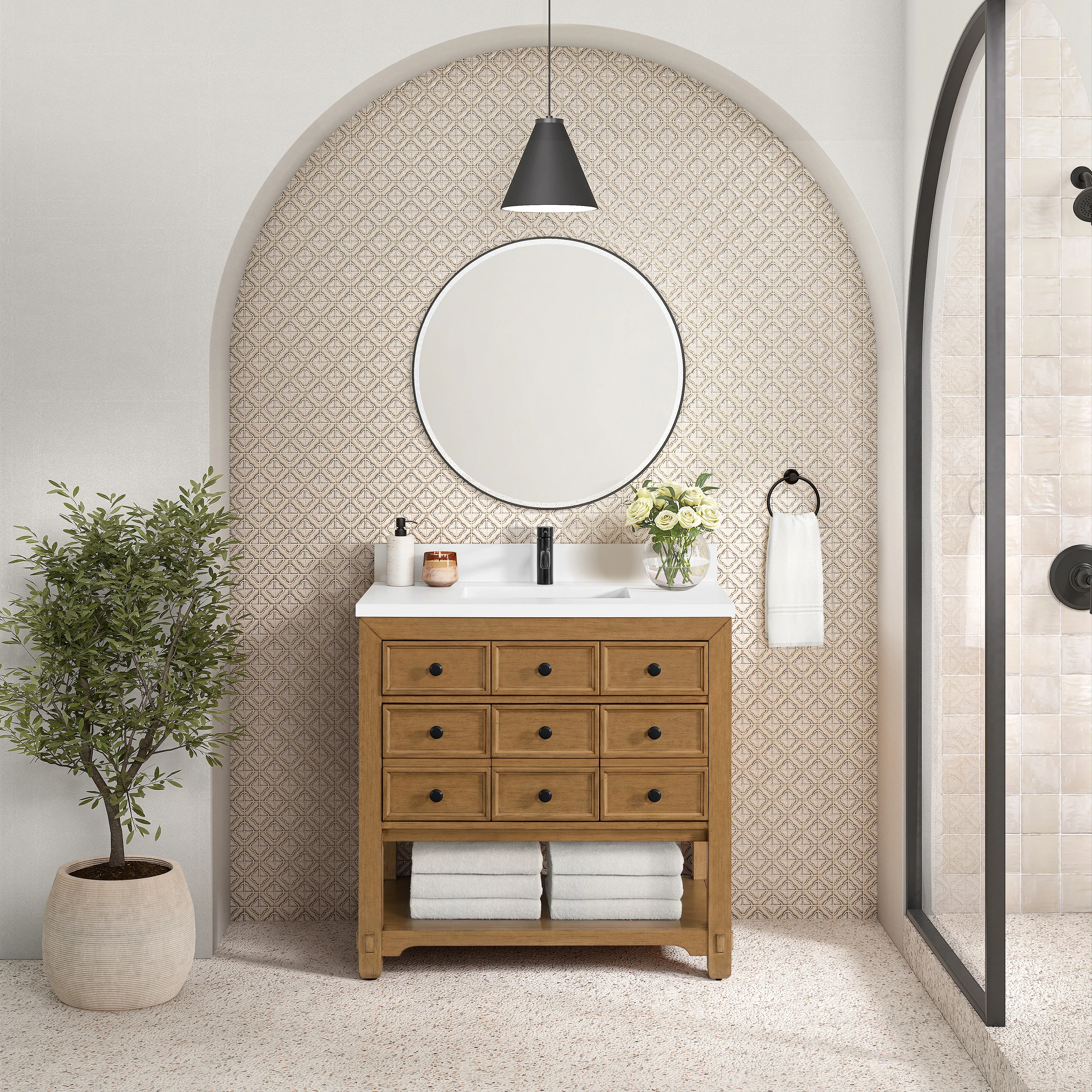 Malibu 36" Single Vanity, Amber Birch w/ Single Hole 3 CM White Zeus Top & Backsplash