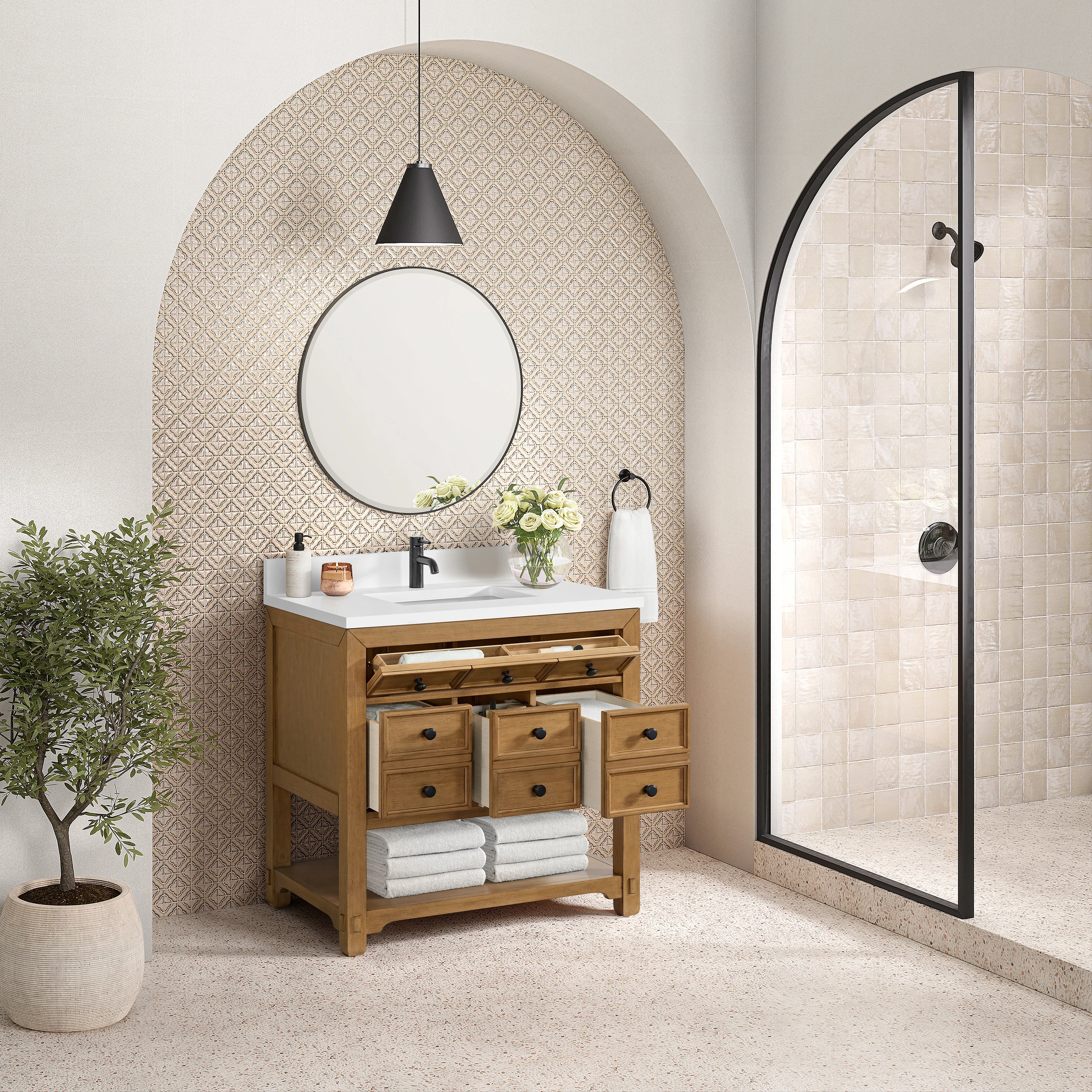 Malibu 36" Single Vanity, Amber Birch w/ Single Hole 3 CM White Zeus Top & Backsplash