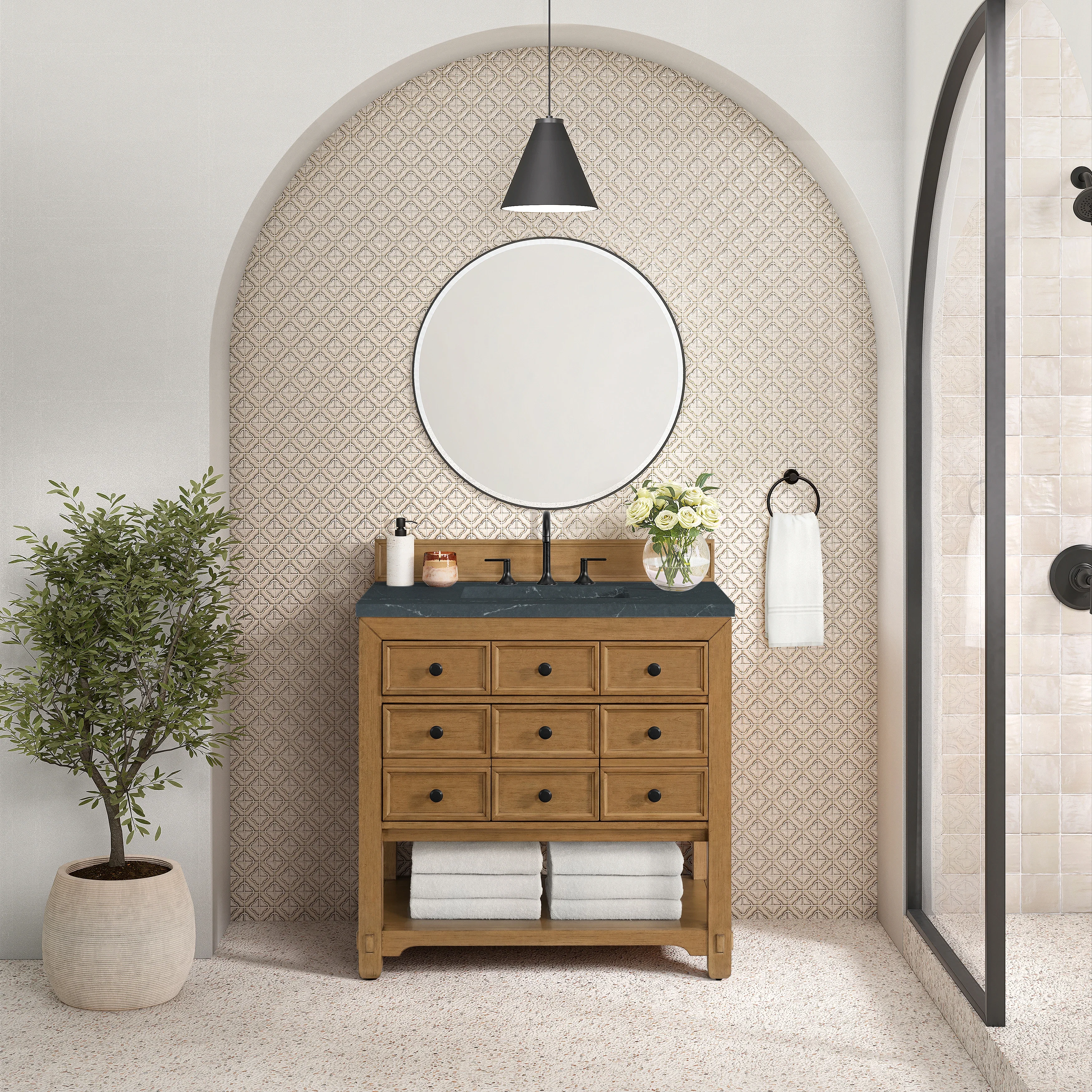 Malibu 36" Single Vanity, Amber Birch w/ 3 CM Charcoal Soapstone Top