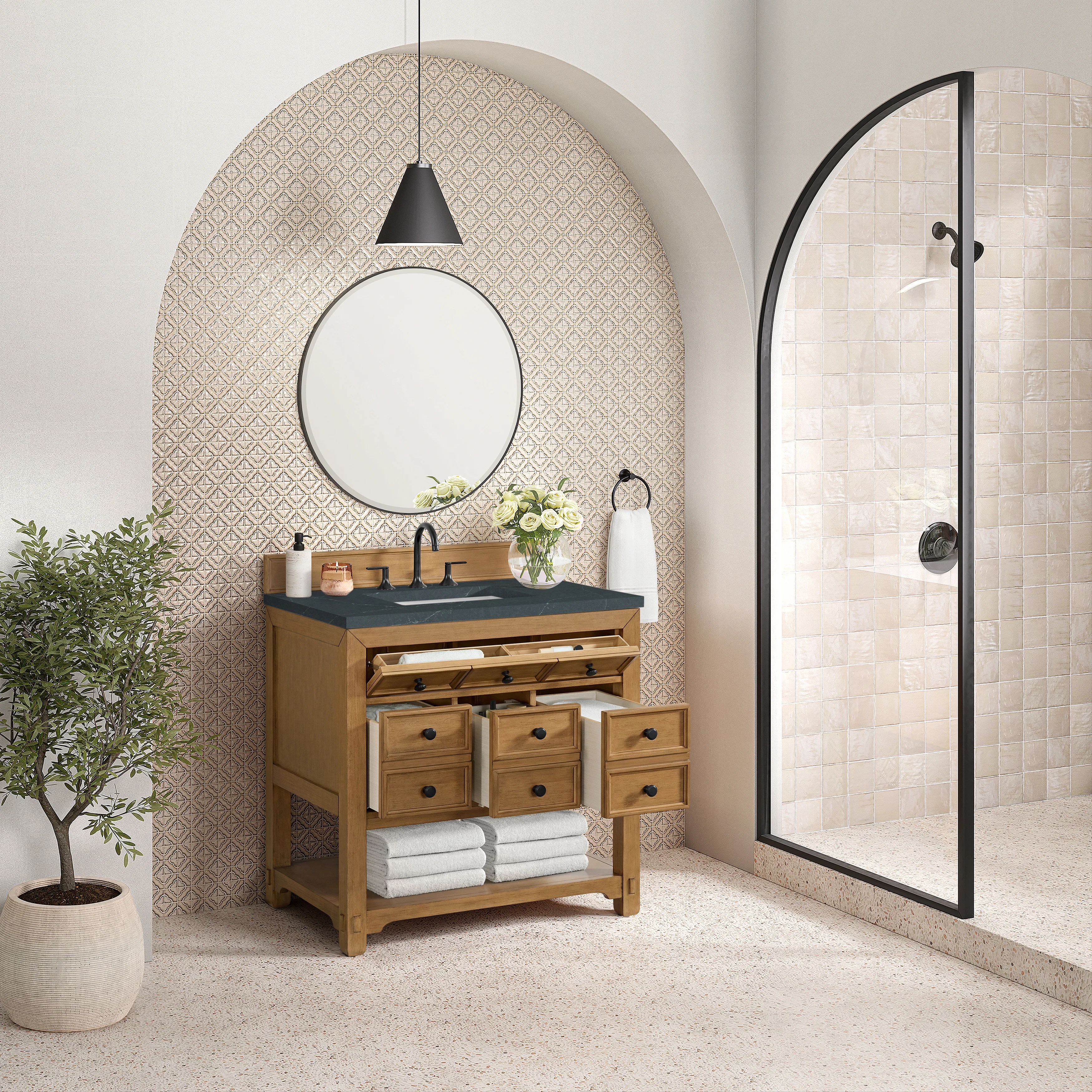 Malibu 36" Single Vanity, Amber Birch w/ 3 CM Charcoal Soapstone Top
