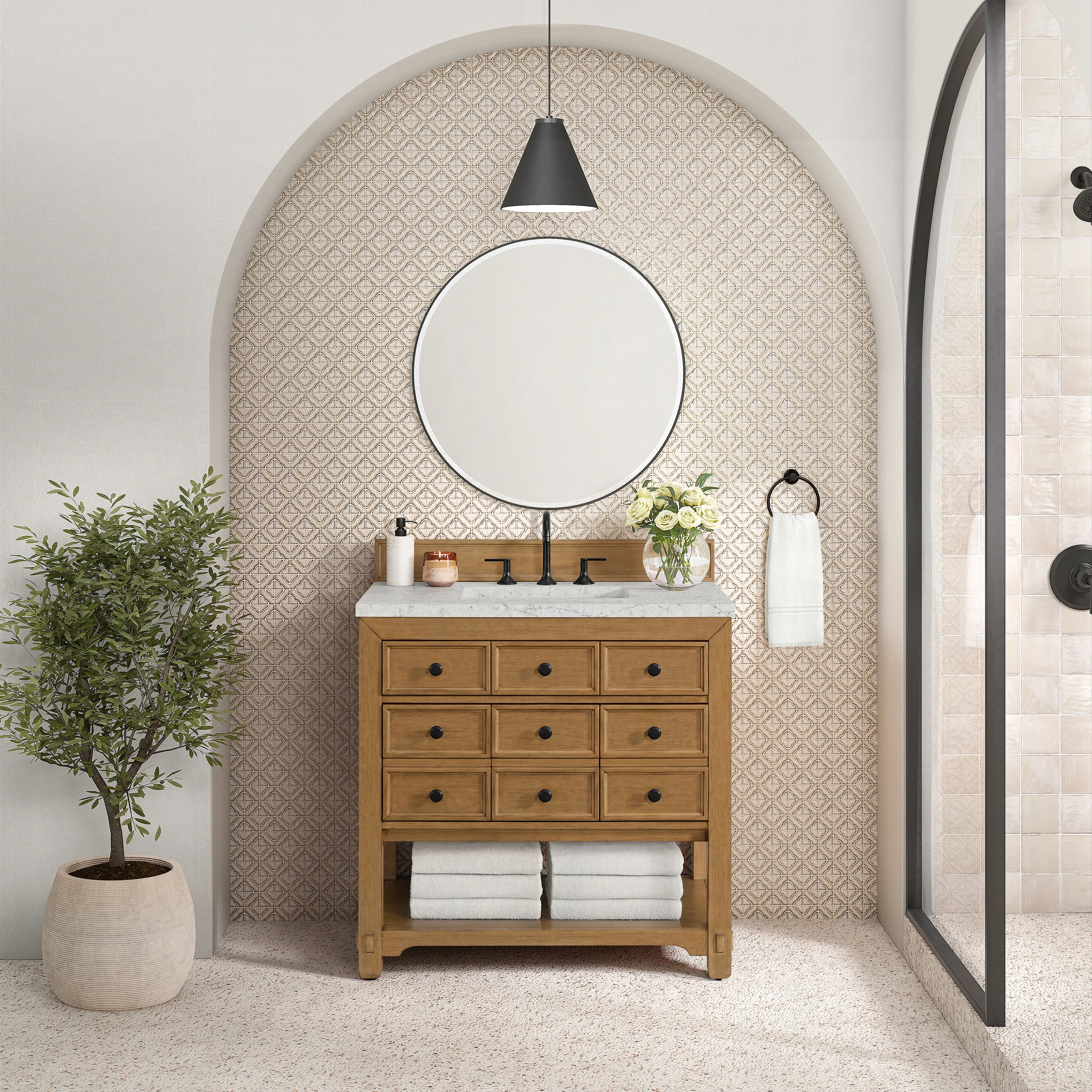 Malibu 36" Single Vanity, Amber Birch w/ 3 CM Eternal Jasmine Pearl Top