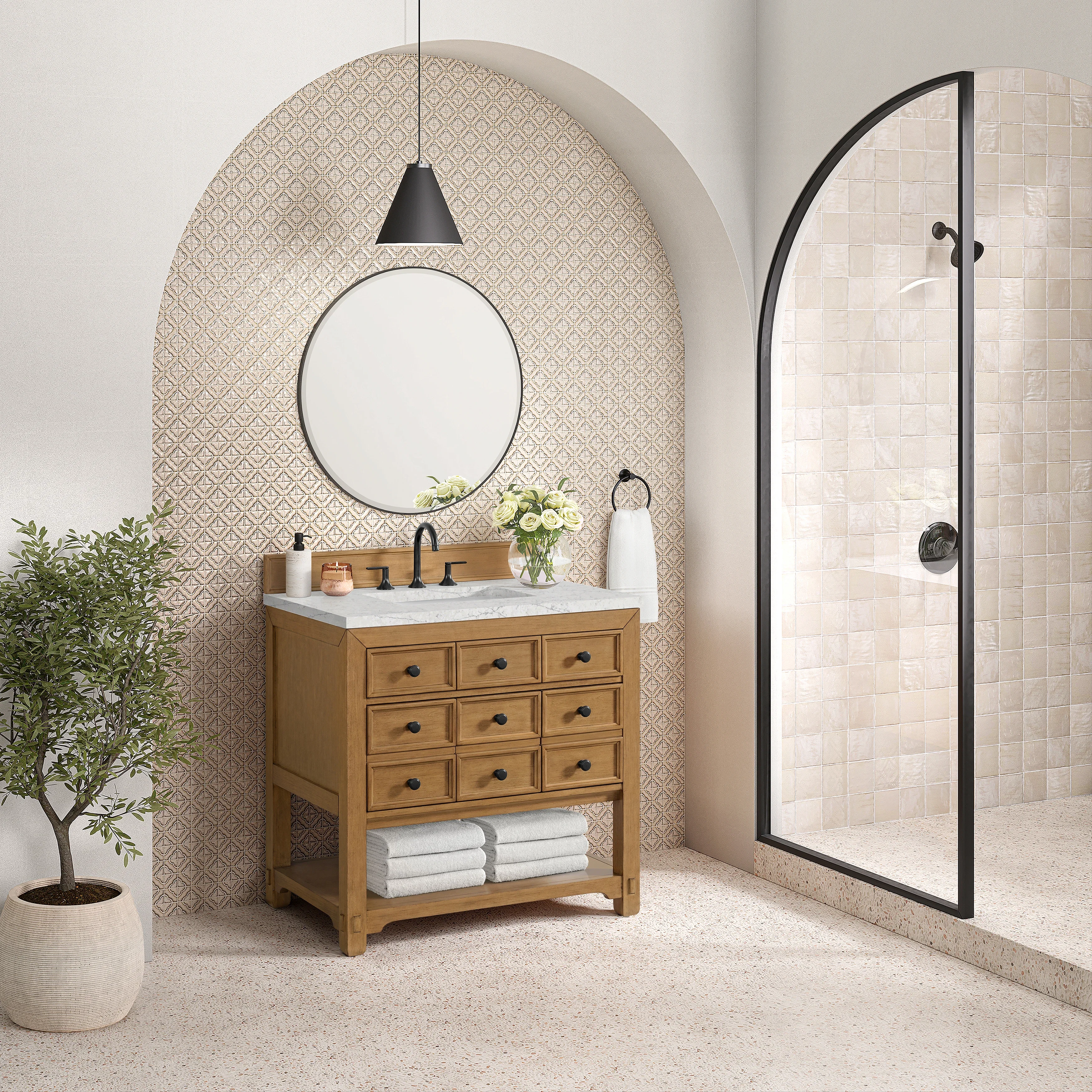 Malibu 36" Single Vanity, Amber Birch w/ 3 CM Eternal Jasmine Pearl Top