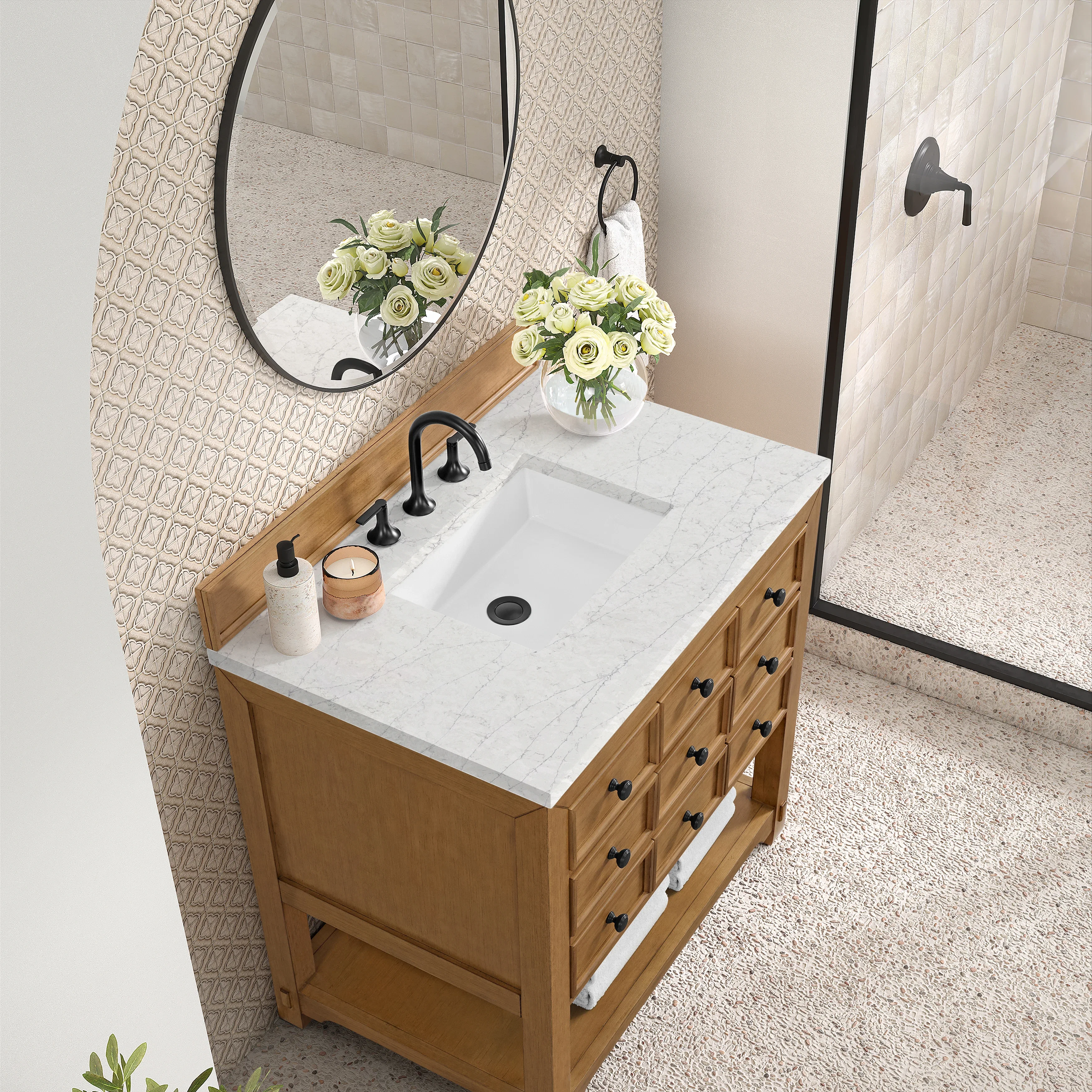 Malibu 36" Single Vanity, Amber Birch w/ 3 CM Eternal Jasmine Pearl Top