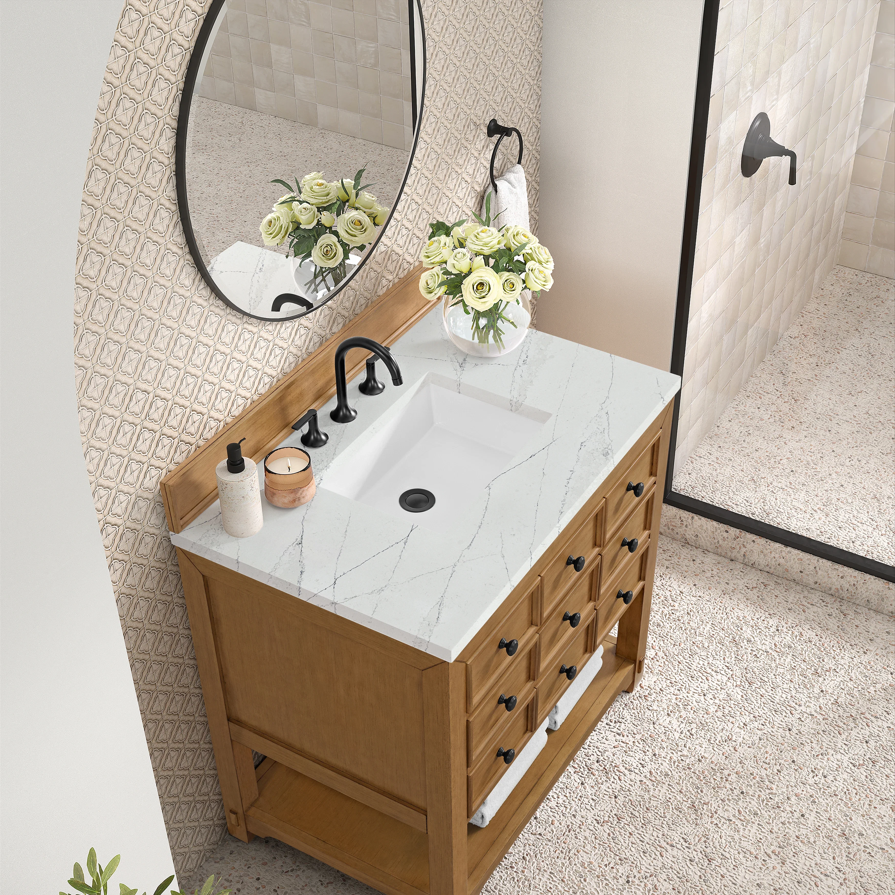 Malibu 36" Single Vanity, Amber Birch w/ 3 CM Ethereal Noctis Top