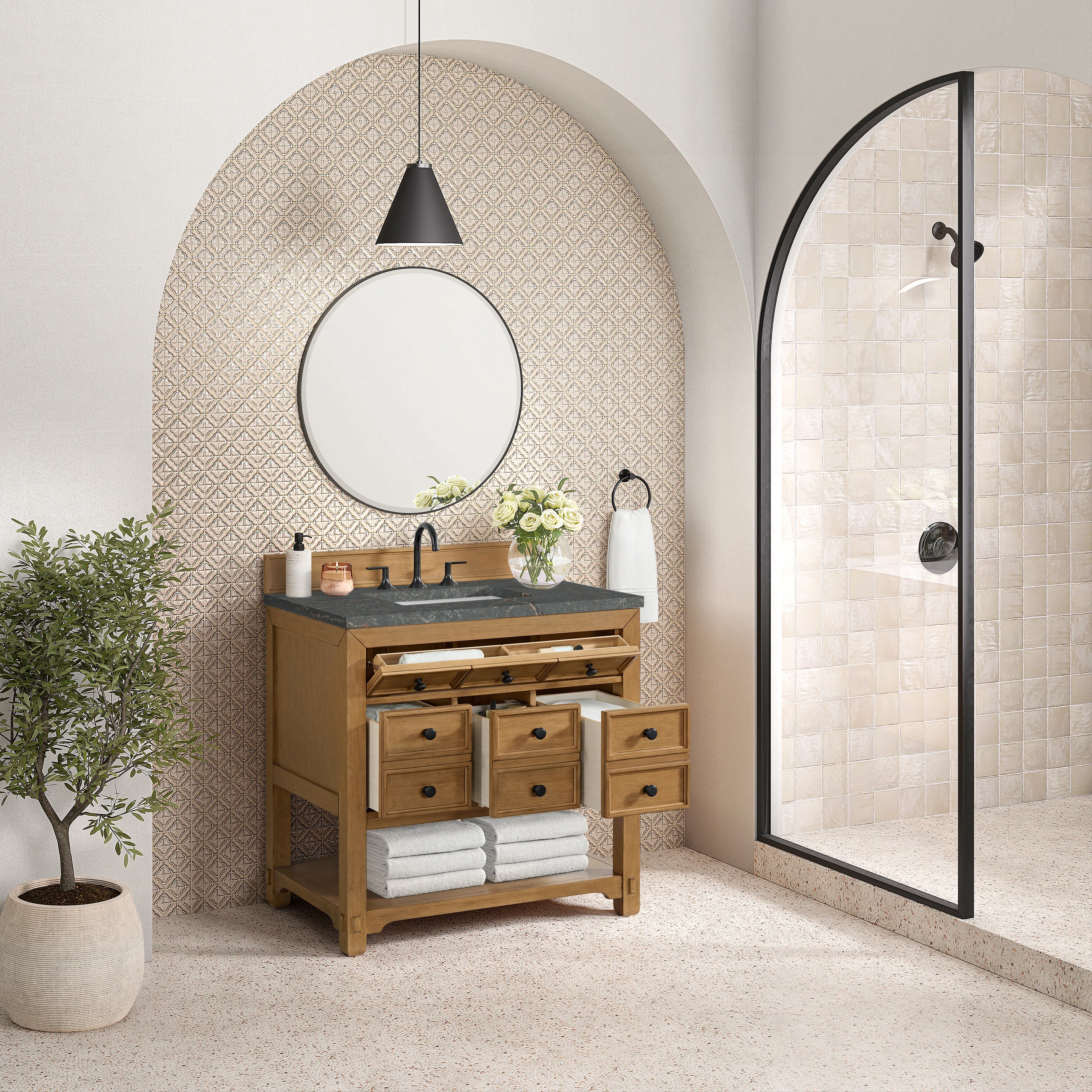 Malibu 36" Single Vanity, Amber Birch w/ 3 CM Parisien Bleu Top