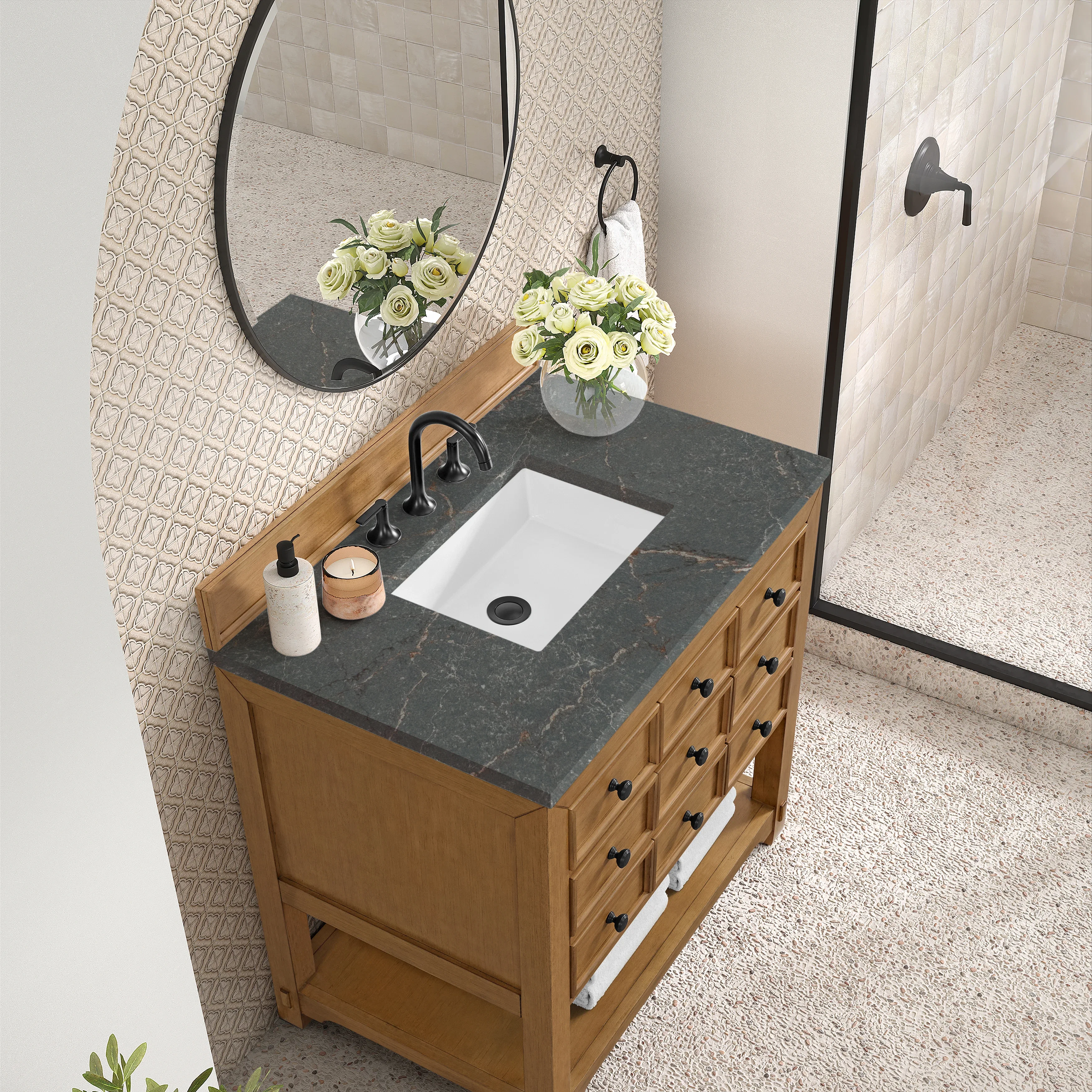 Malibu 36" Single Vanity, Amber Birch w/ 3 CM Parisien Bleu Top