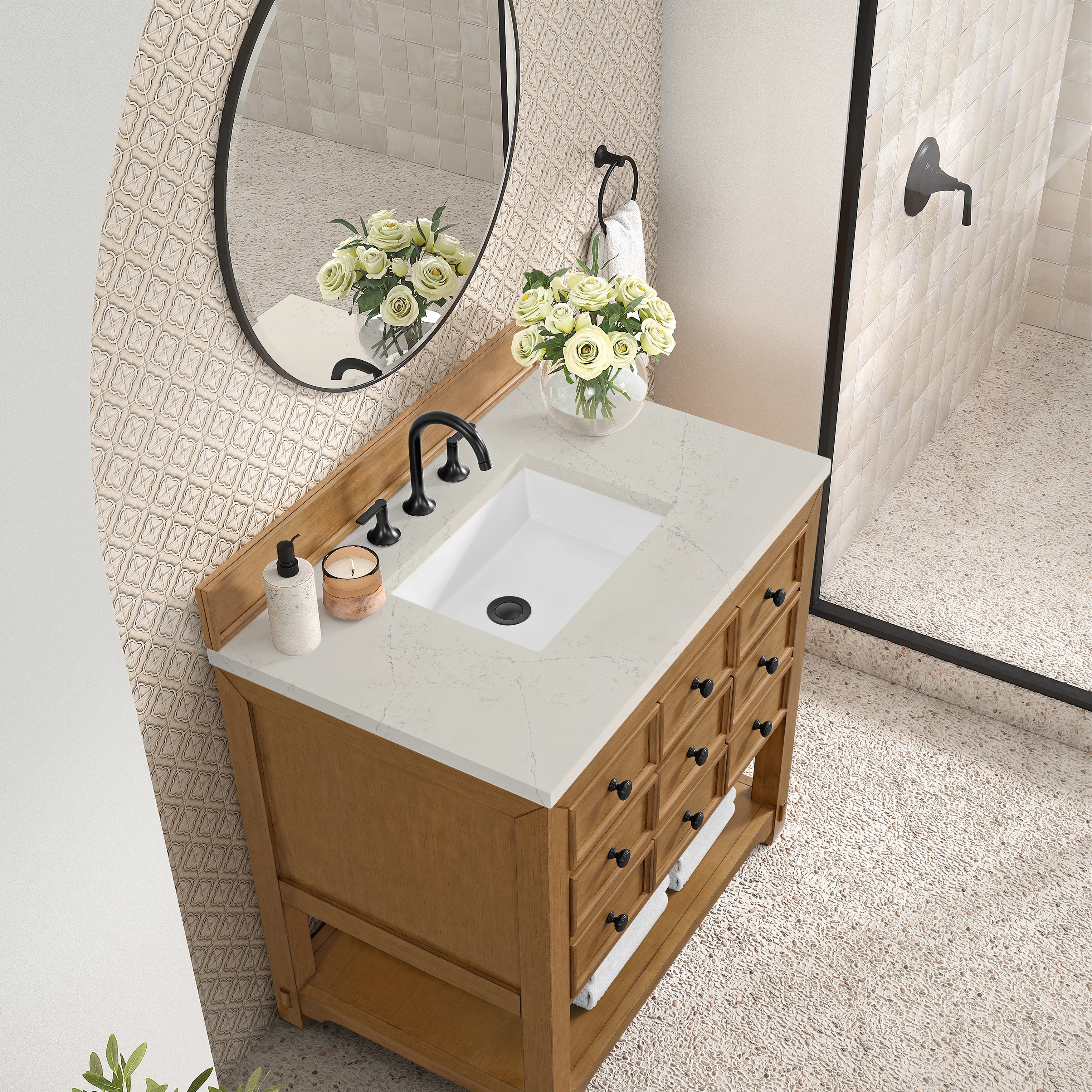 Malibu 36" Single Vanity, Amber Birch, w/ 3 CM Siberian Silestone Top