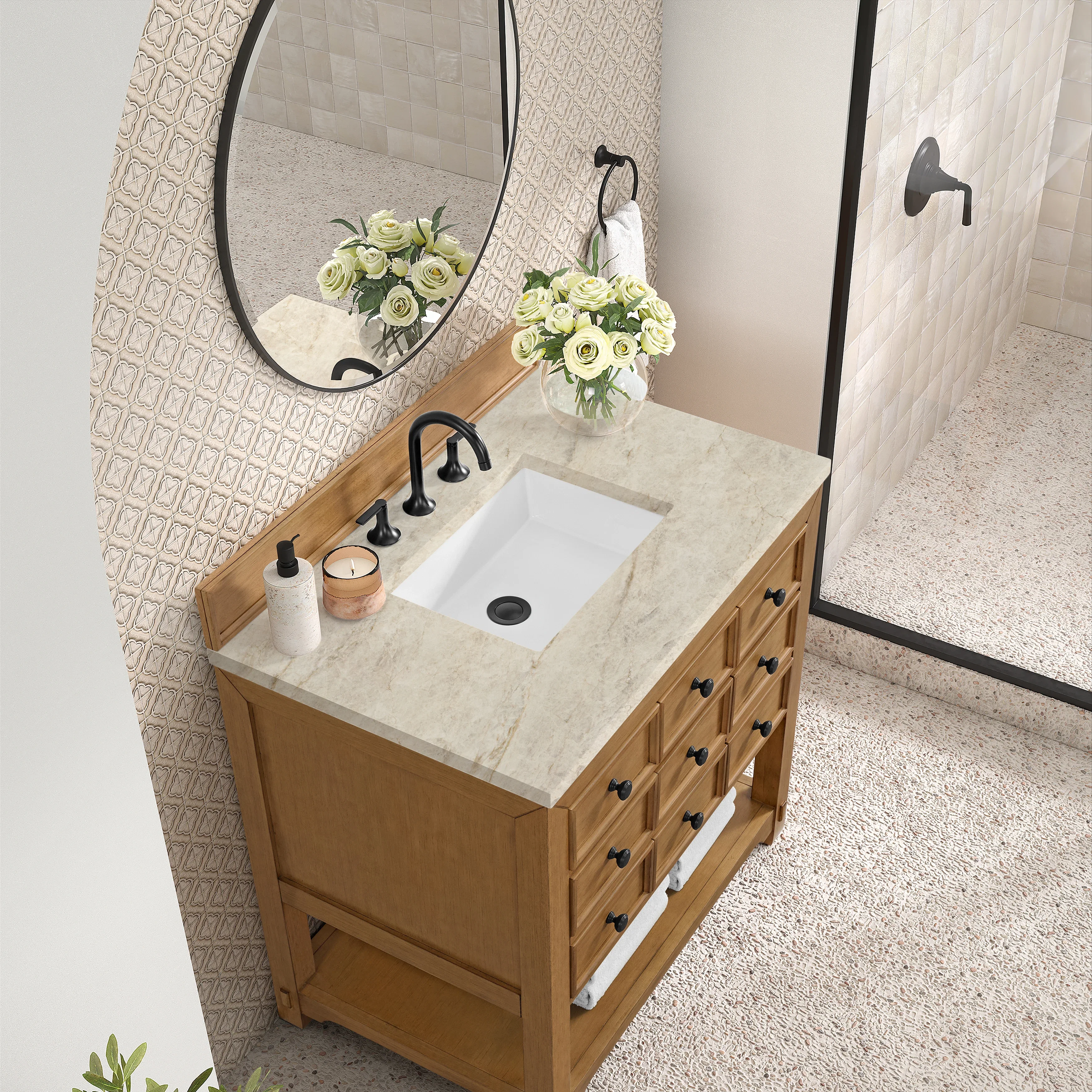 Malibu 36" Single Vanity, Amber Birch, w/ 3 CM Tajnar Eclos Top