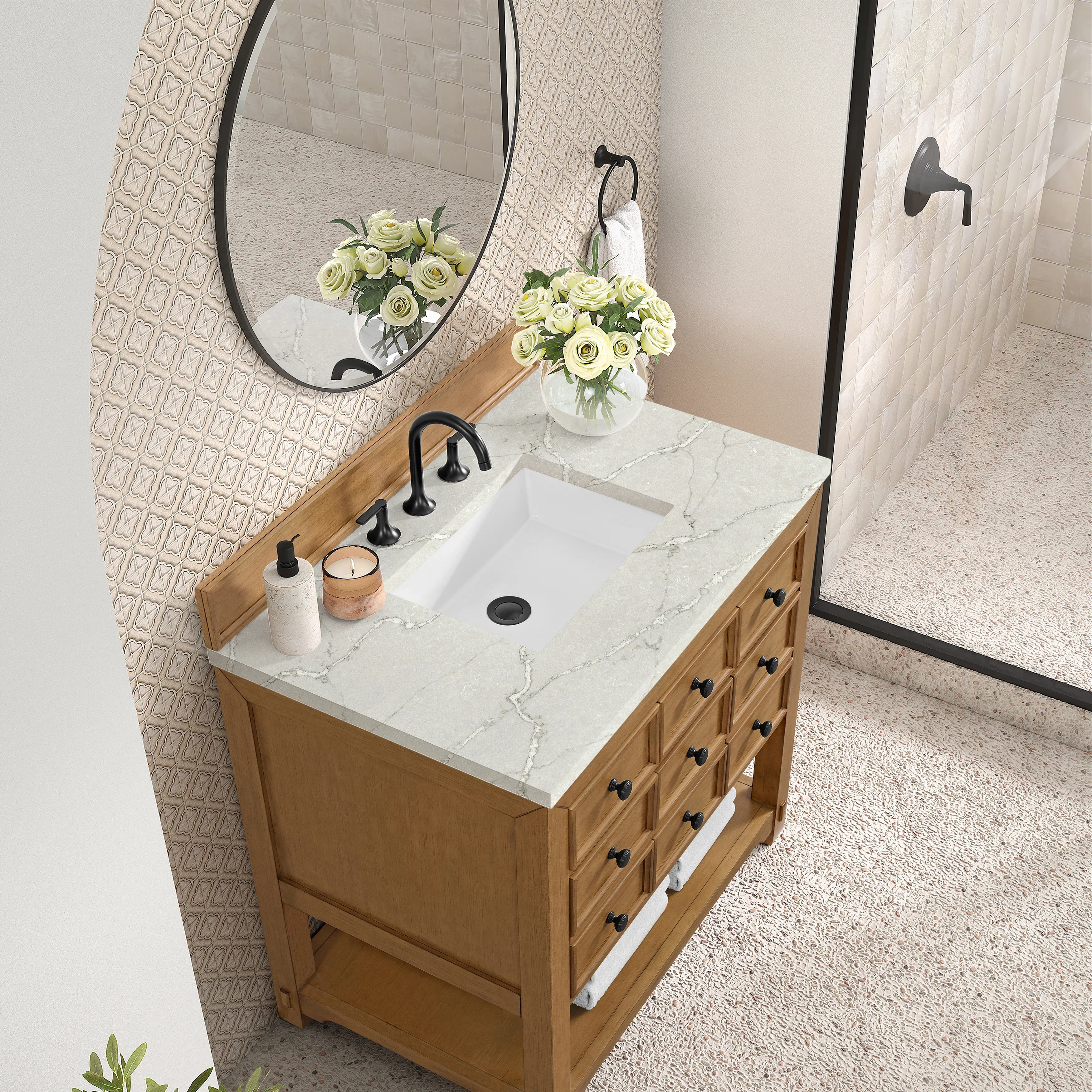 Malibu 36" Single Vanity, Amber Birch w/ 3 CM Victorian Silver Top