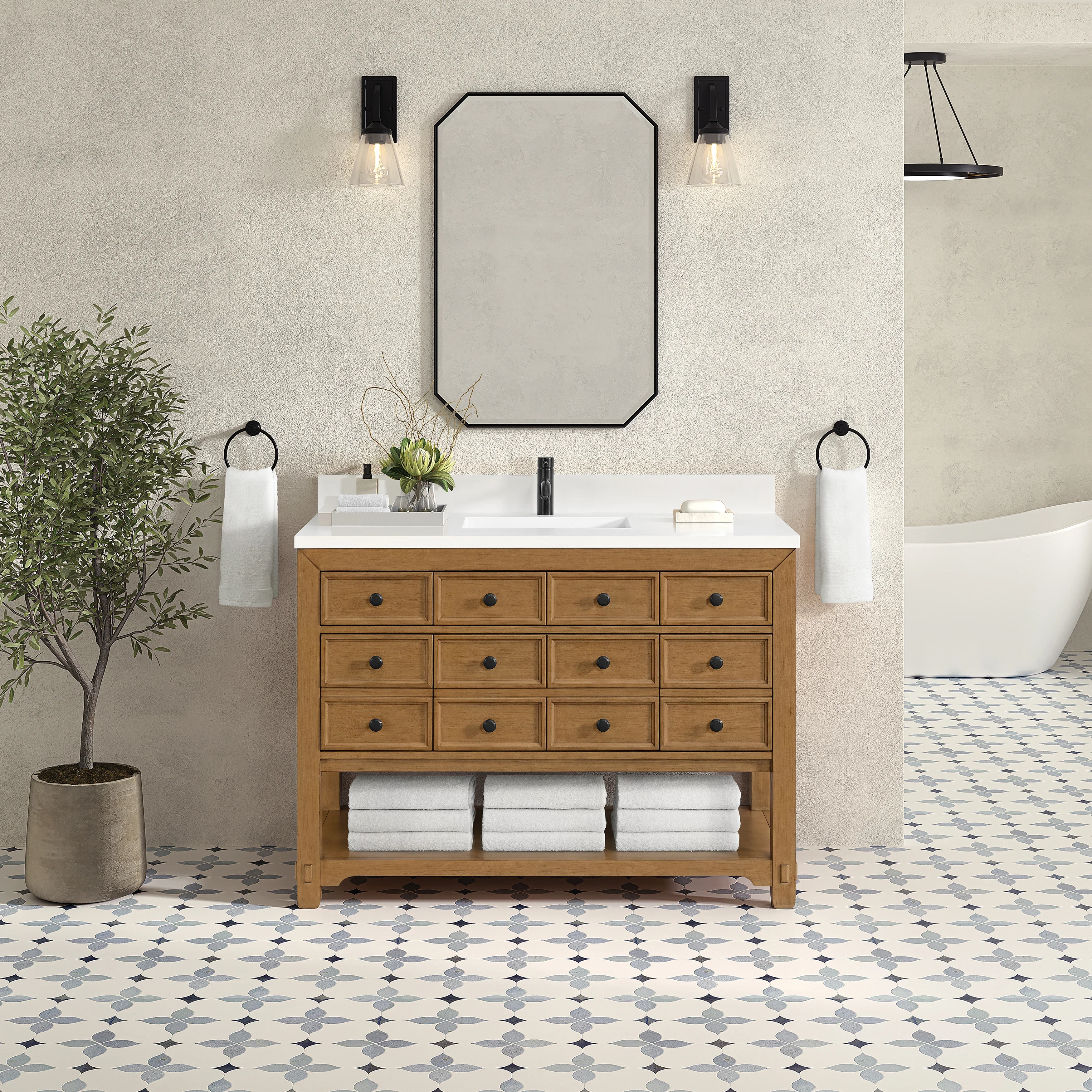 Malibu 48" Single Vanity, Amber Birch w/ Single Hole 3 CM White Zeus Silestone Top & Backsplash
