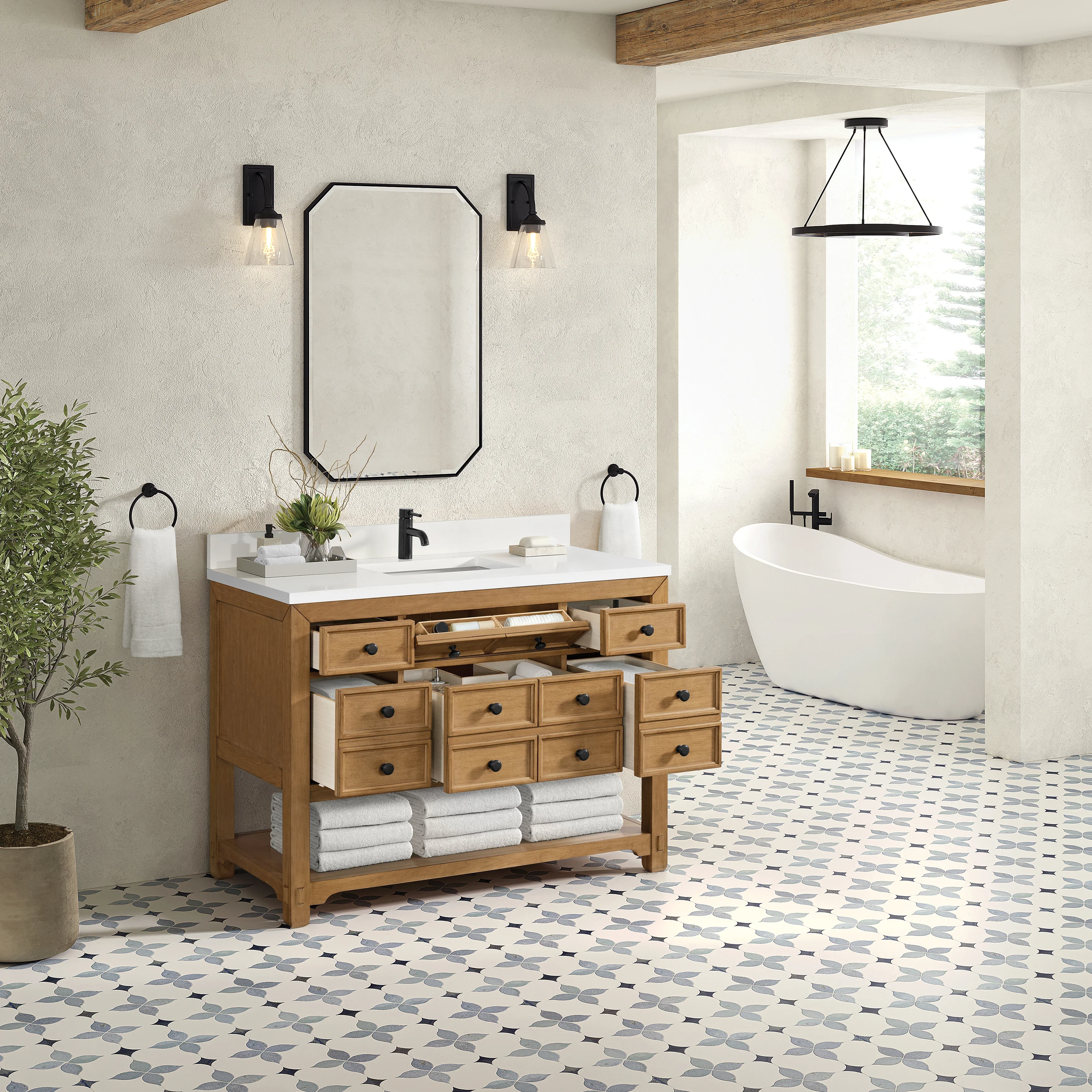 Malibu 48" Single Vanity, Amber Birch w/ Single Hole 3 CM White Zeus Silestone Top & Backsplash
