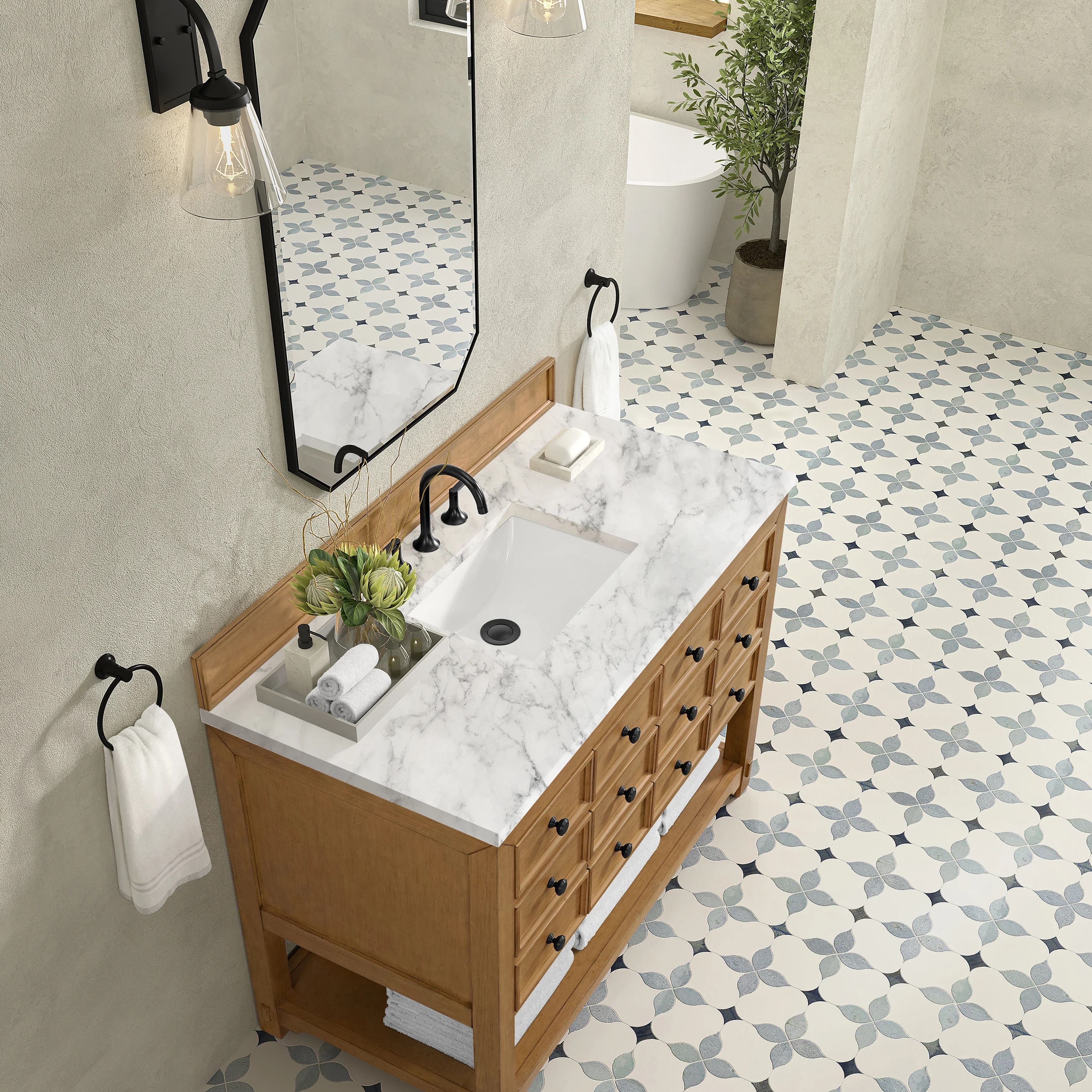 Malibu 48" Single Vanity, Amber Birch w/ 3 CM Carrara White Marble Top