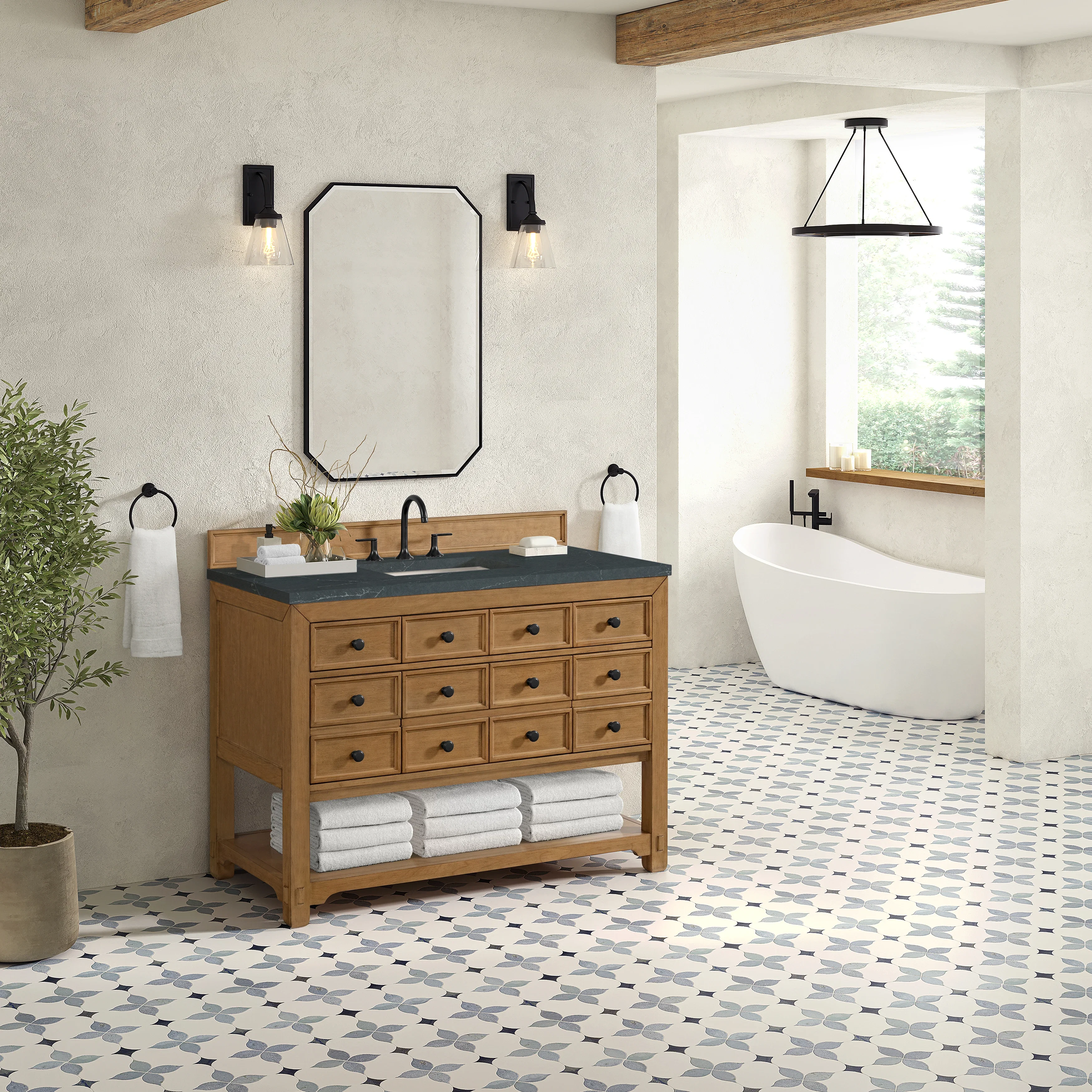 Malibu 48" Single Vanity, Amber Birch w/ 3 CM Charcoal Soapstone Silestone Top