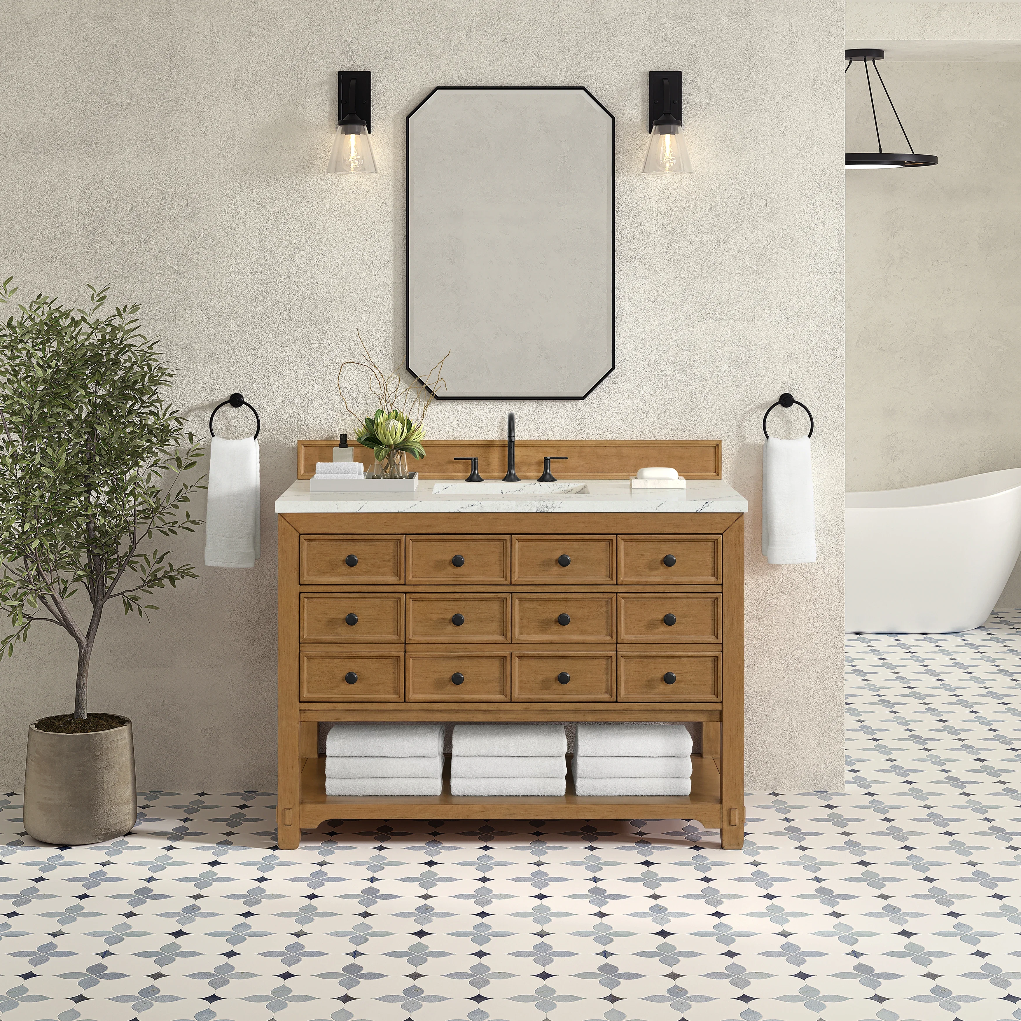 Malibu 48" Single Vanity, Amber Birch w/ 3 CM Ethereal Noctis Silestone Top