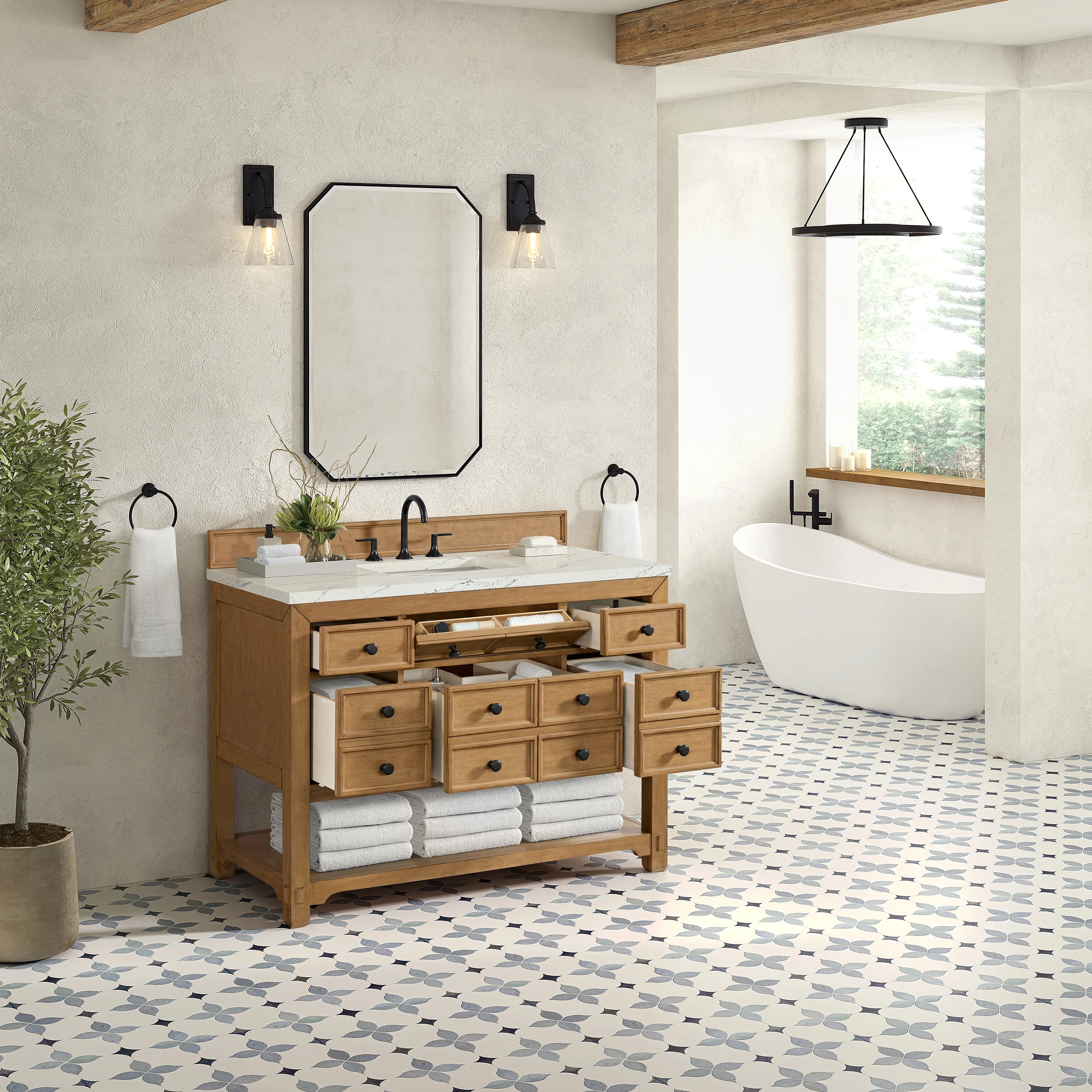 Malibu 48" Single Vanity, Amber Birch w/ 3 CM Ethereal Noctis Silestone Top