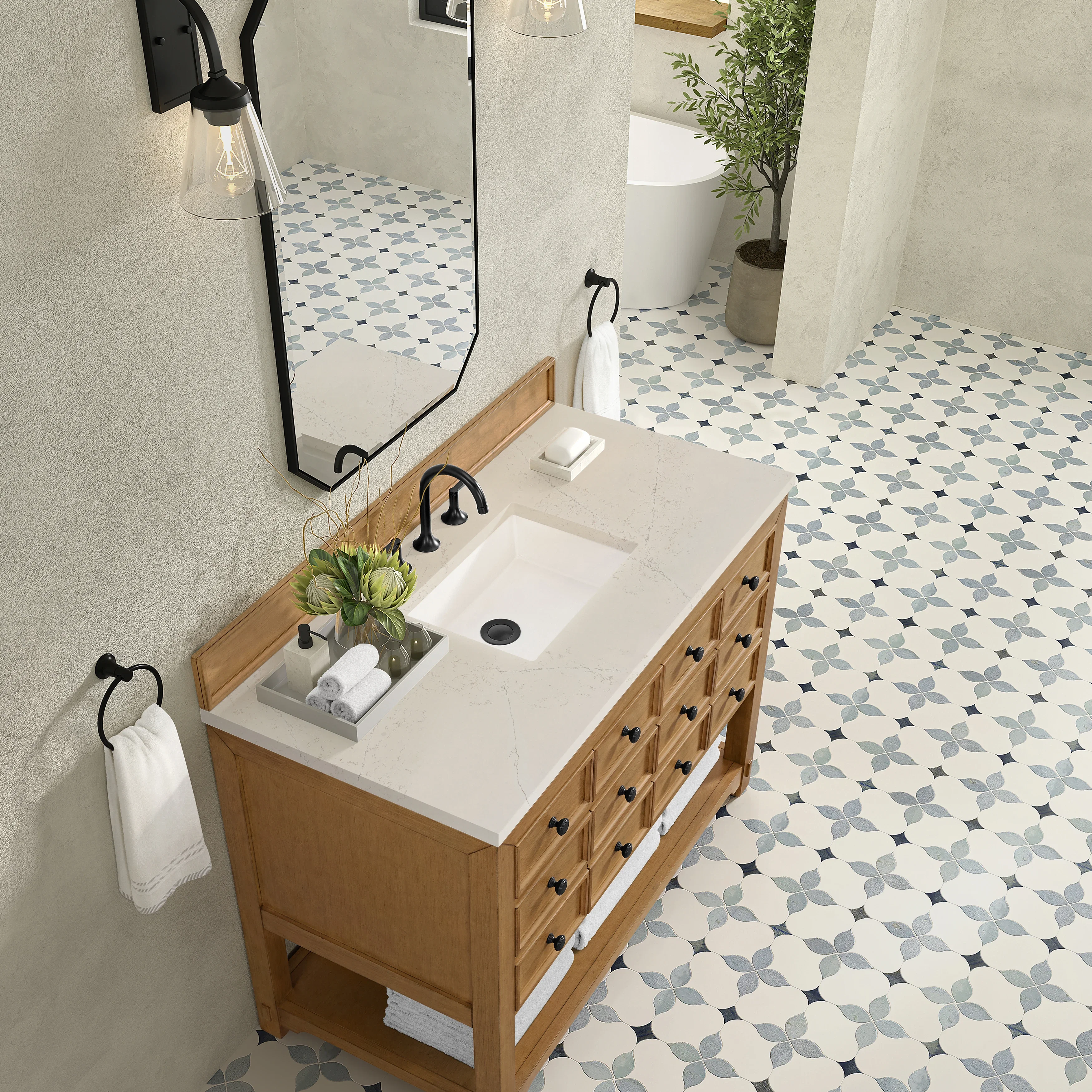 Malibu 48" Single Vanity, Amber Birch, w/ 3 CM Siberian Silestone Top
