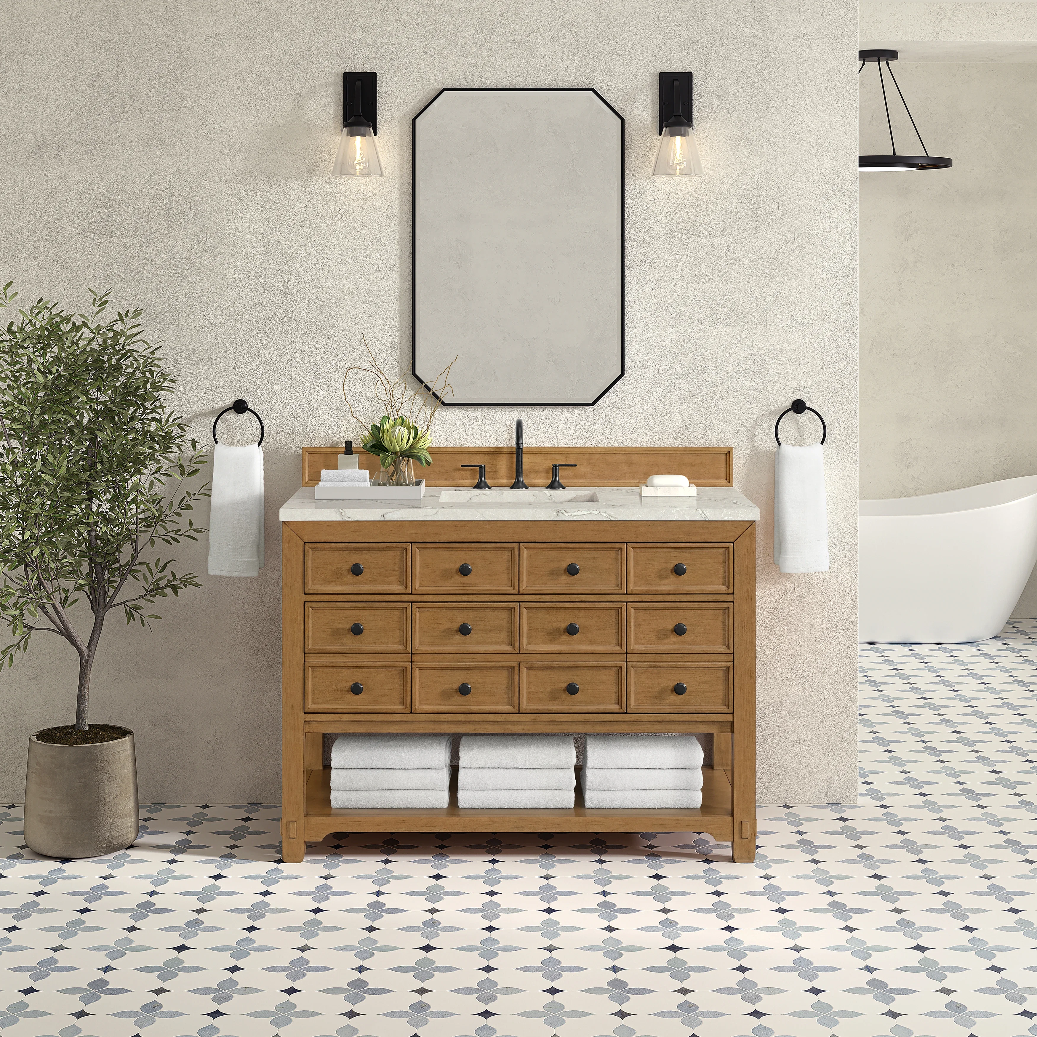 Malibu 48" Single Vanity, Amber Birch w/ 3 CM Victorian Silver Silestone Top