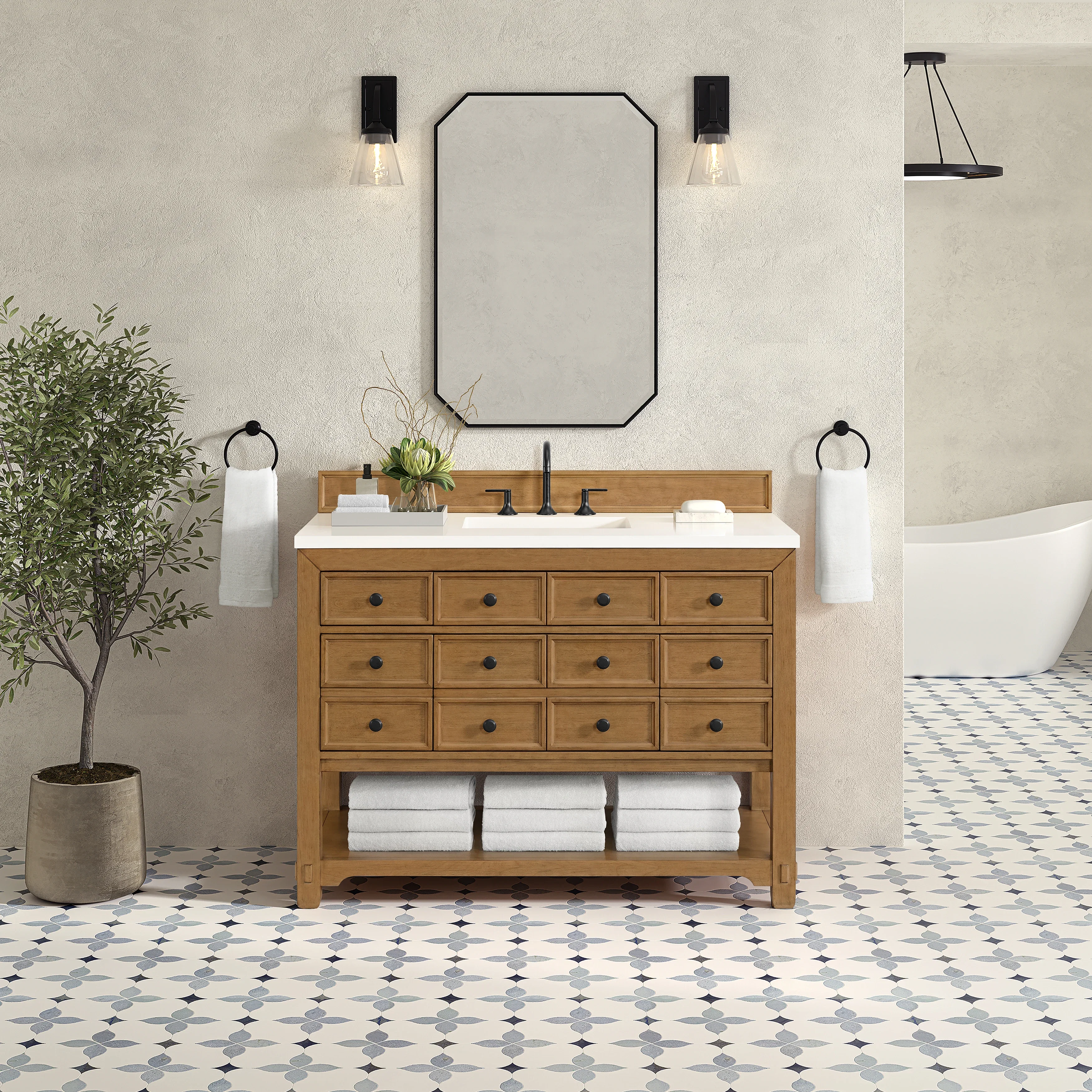 Malibu 48" Single Vanity, Amber Birch w/ 3 CM White Zeus Silestone Top