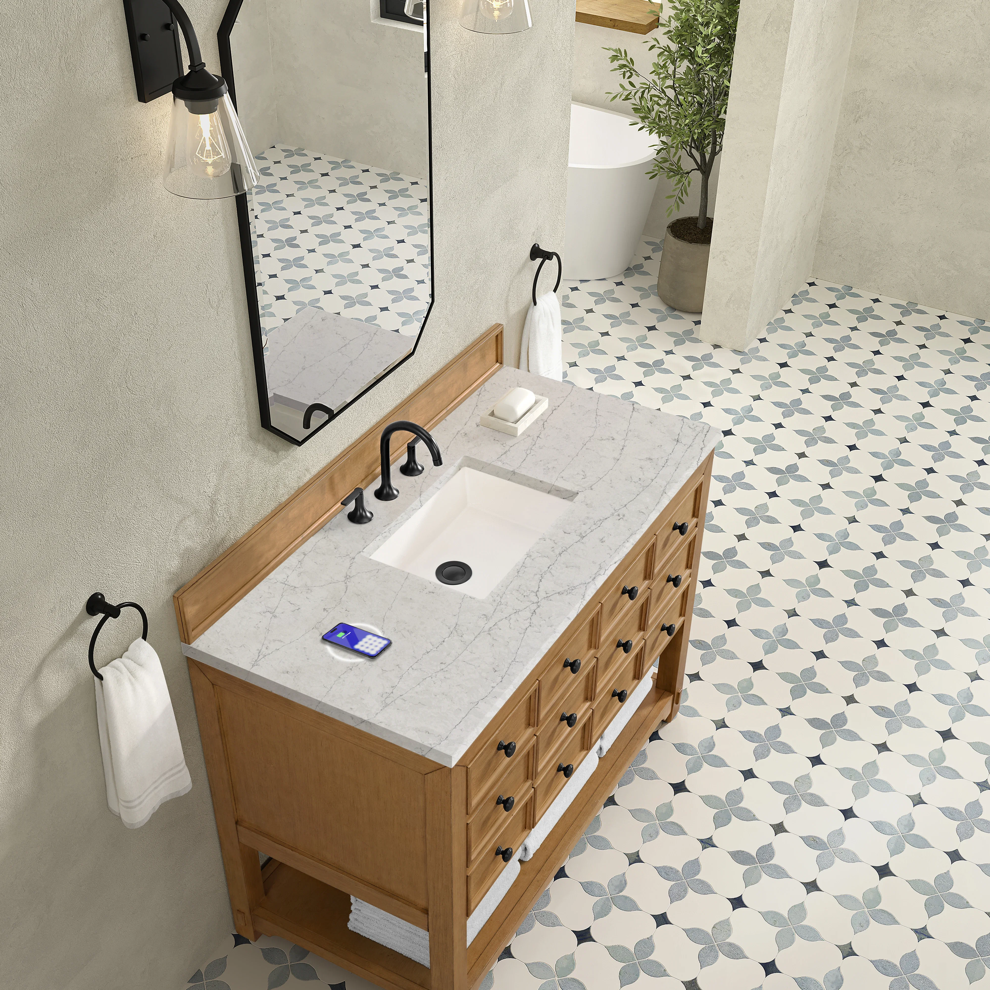 Malibu 48" Single Vanity, Amber Birch w/ 3 CM Eternal Jasmine Pearl Silestone Top w/ FreePower Wireless Charger