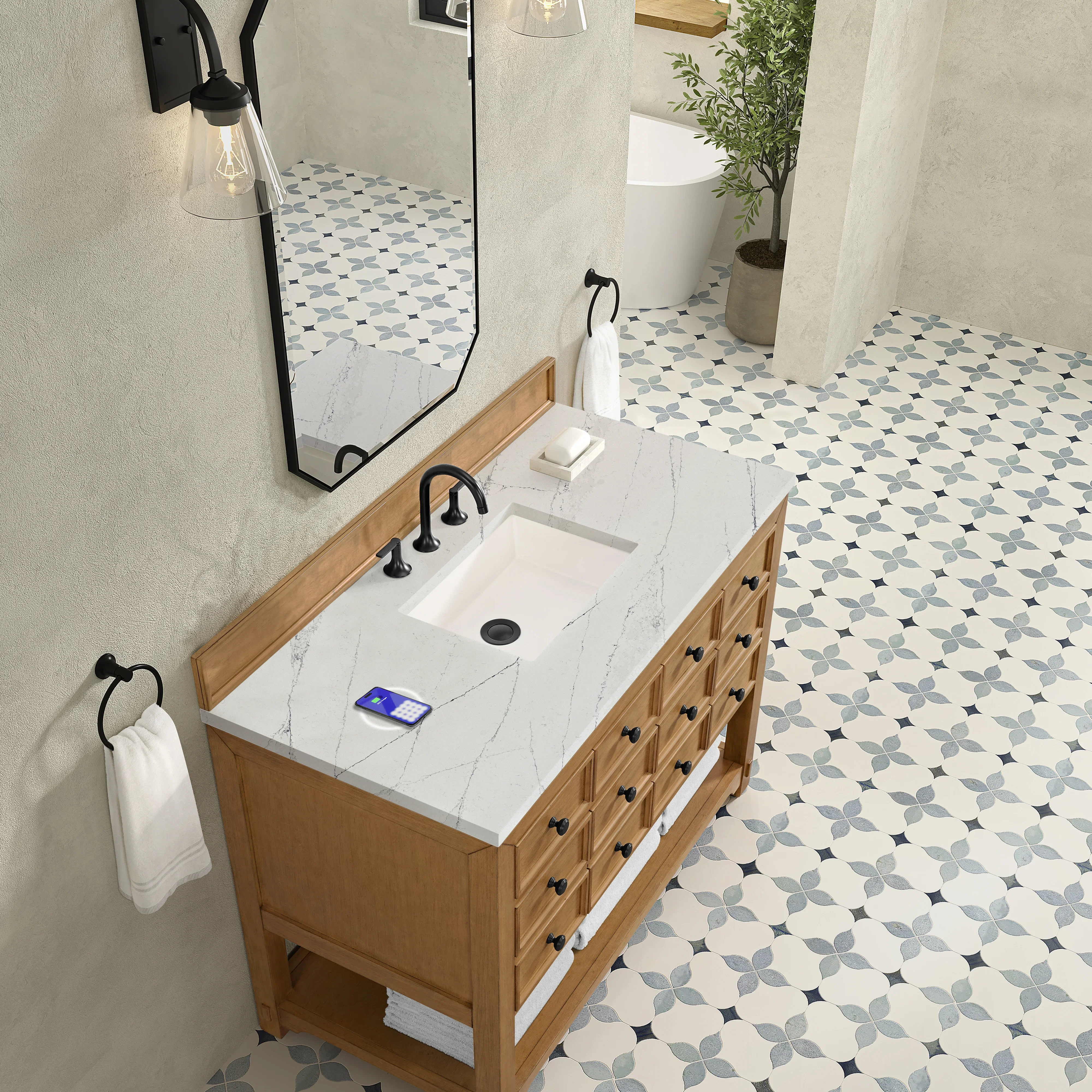 Malibu 48" Single Vanity, Amber Birch w/ 3 CM Ethereal Noctis Silestone Top w/ FreePower Wireless Charger