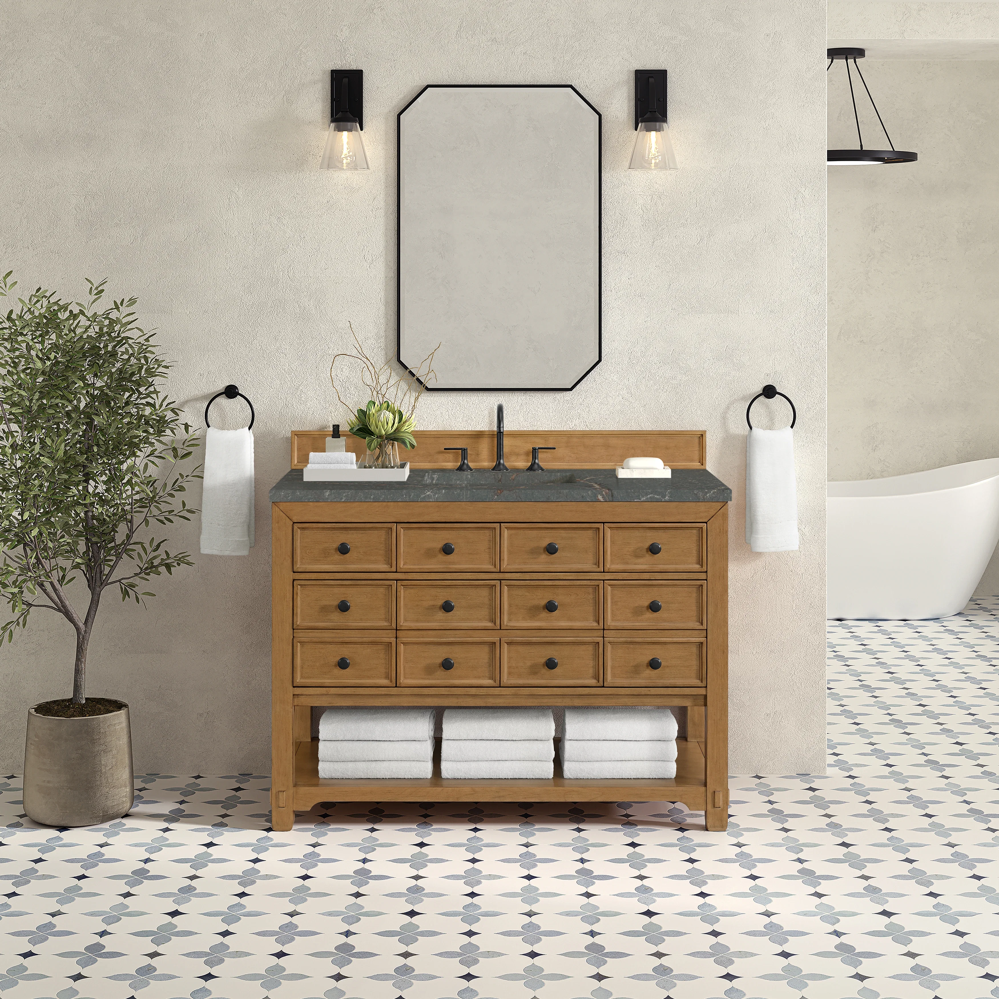 Malibu 48" Single Vanity, Amber Birch w/ 3 CM Parisien Bleu Silestone Top w/ FreePower Wireless Charger