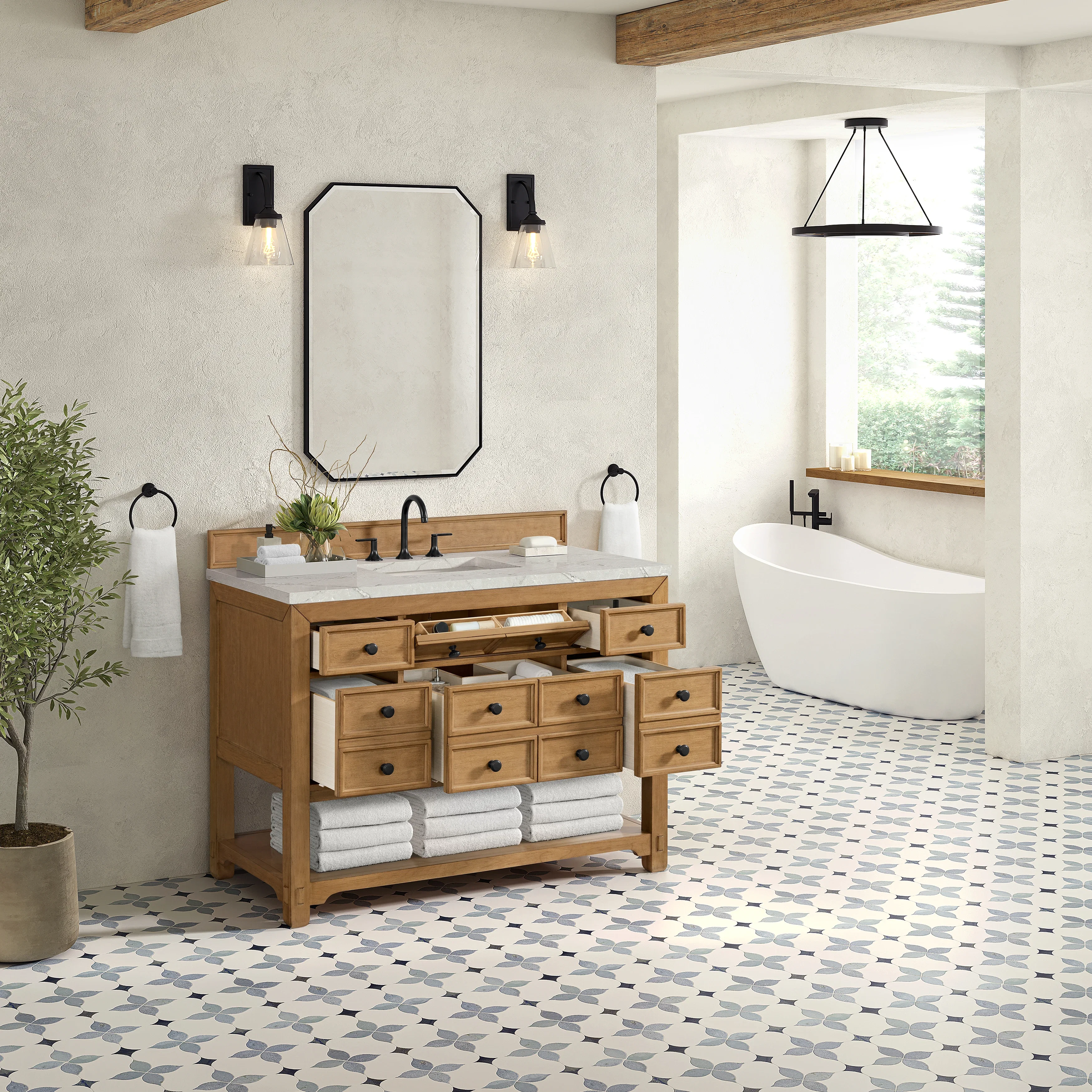 Malibu 48" Single Vanity, Amber Birch w/ 3 CM Victorian Silver Silestone Top w/ FreePower Wireless Charger