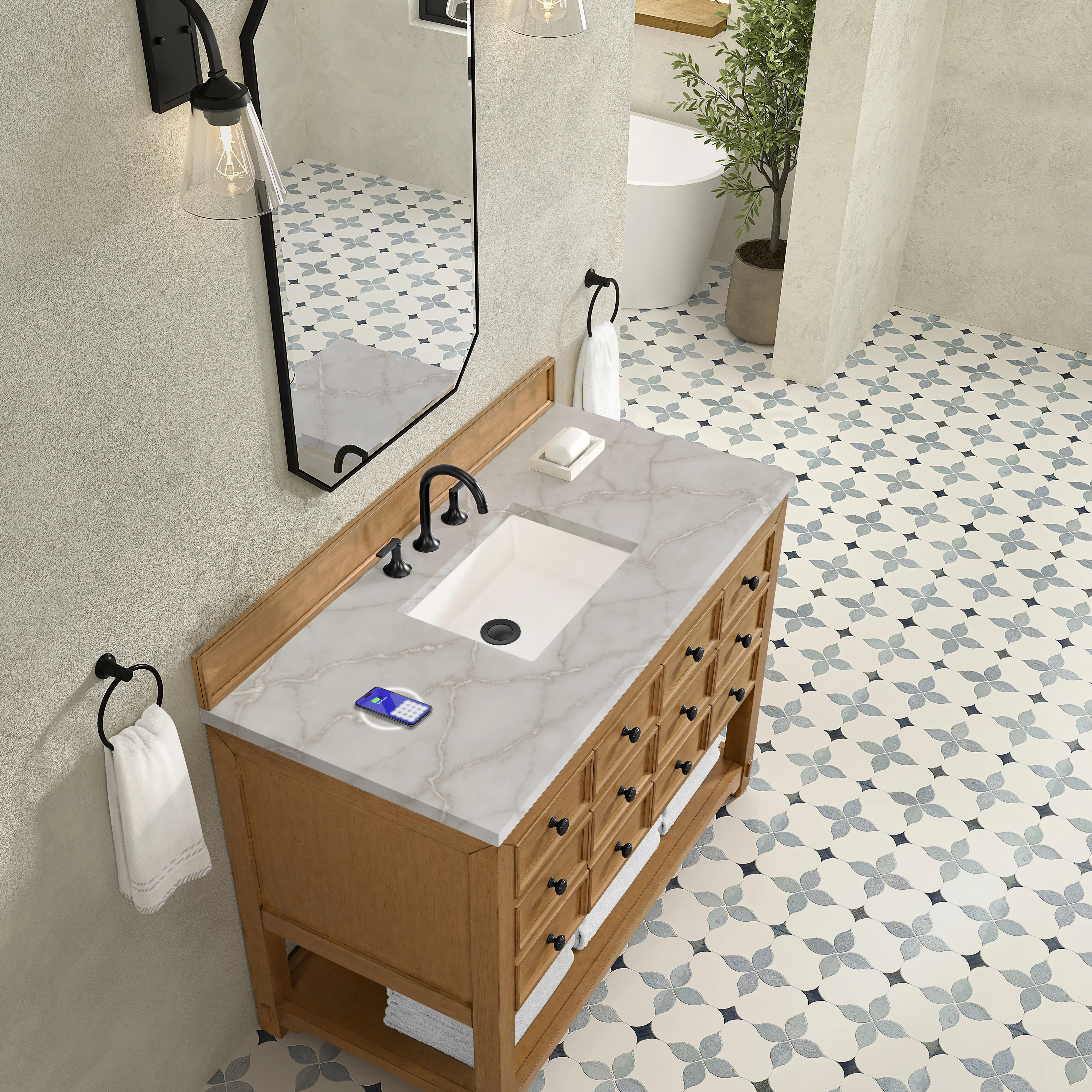 Malibu 48" Single Vanity, Amber Birch w/ 3 CM Victorian Silver Silestone Top w/ FreePower Wireless Charger