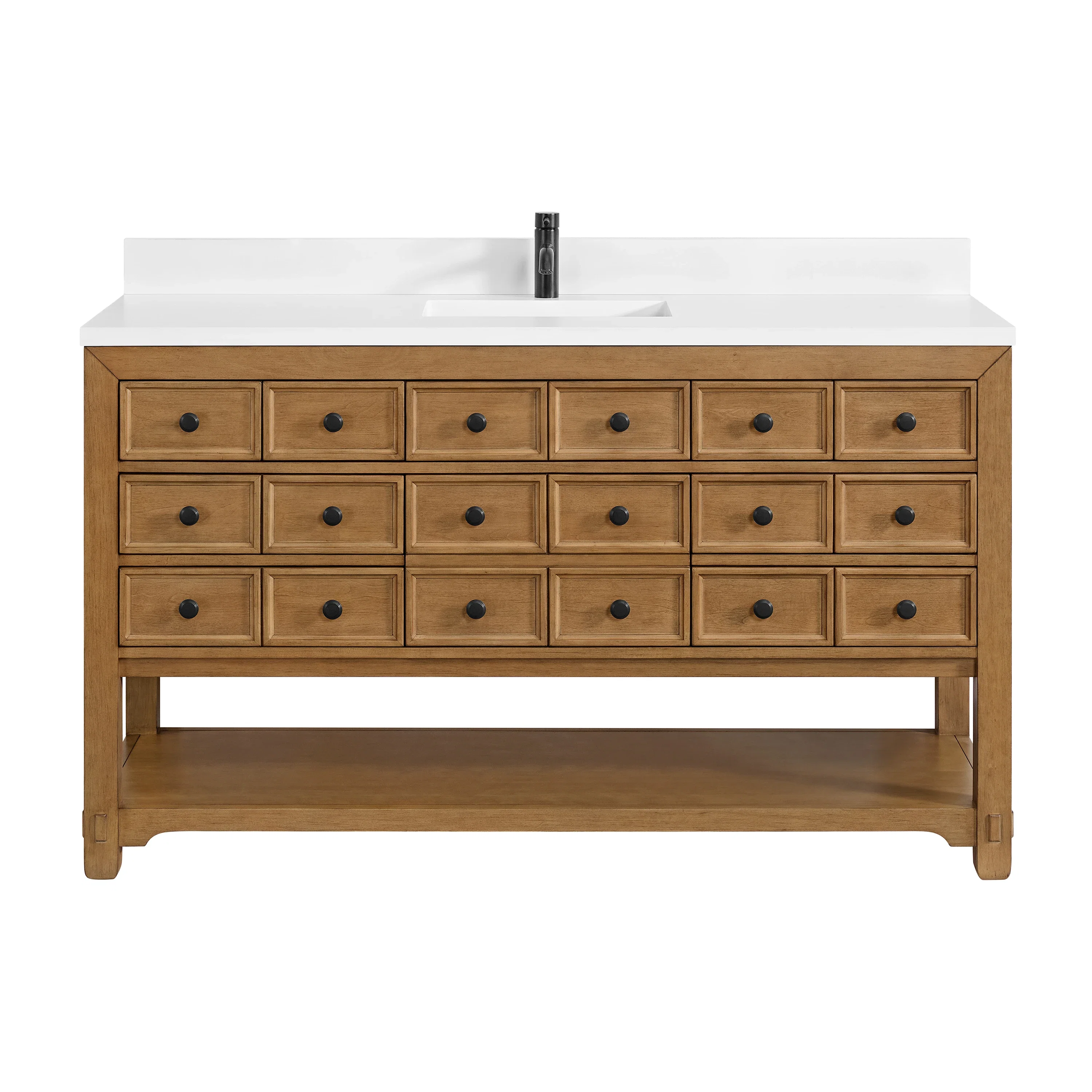 Malibu 60" Single Vanity, Amber Birch w/ Single Hole 3 CM White Zeus Top & Backsplash