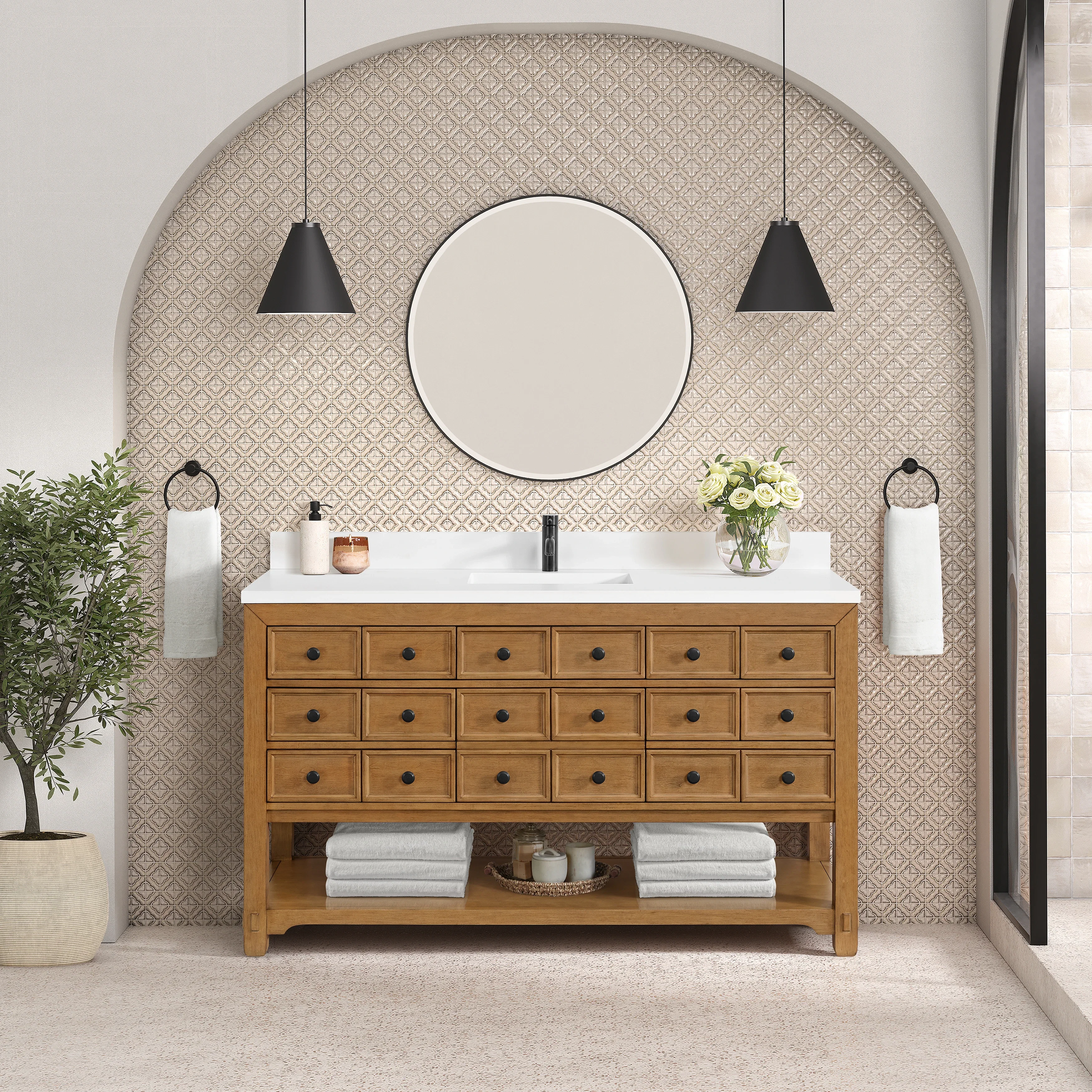 Malibu 60" Single Vanity, Amber Birch w/ Single Hole 3 CM White Zeus Top & Backsplash