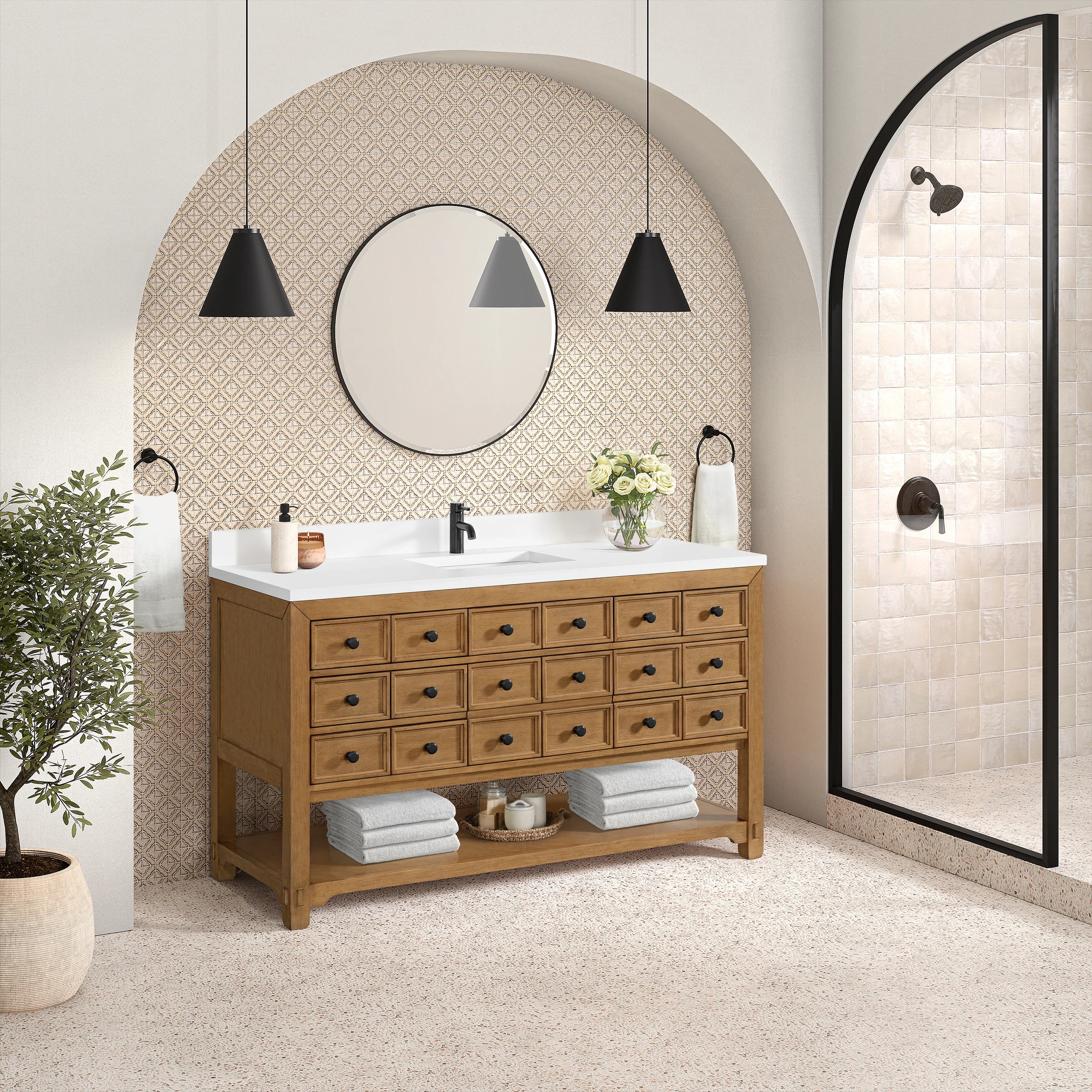Malibu 60" Single Vanity, Amber Birch w/ Single Hole 3 CM White Zeus Top & Backsplash