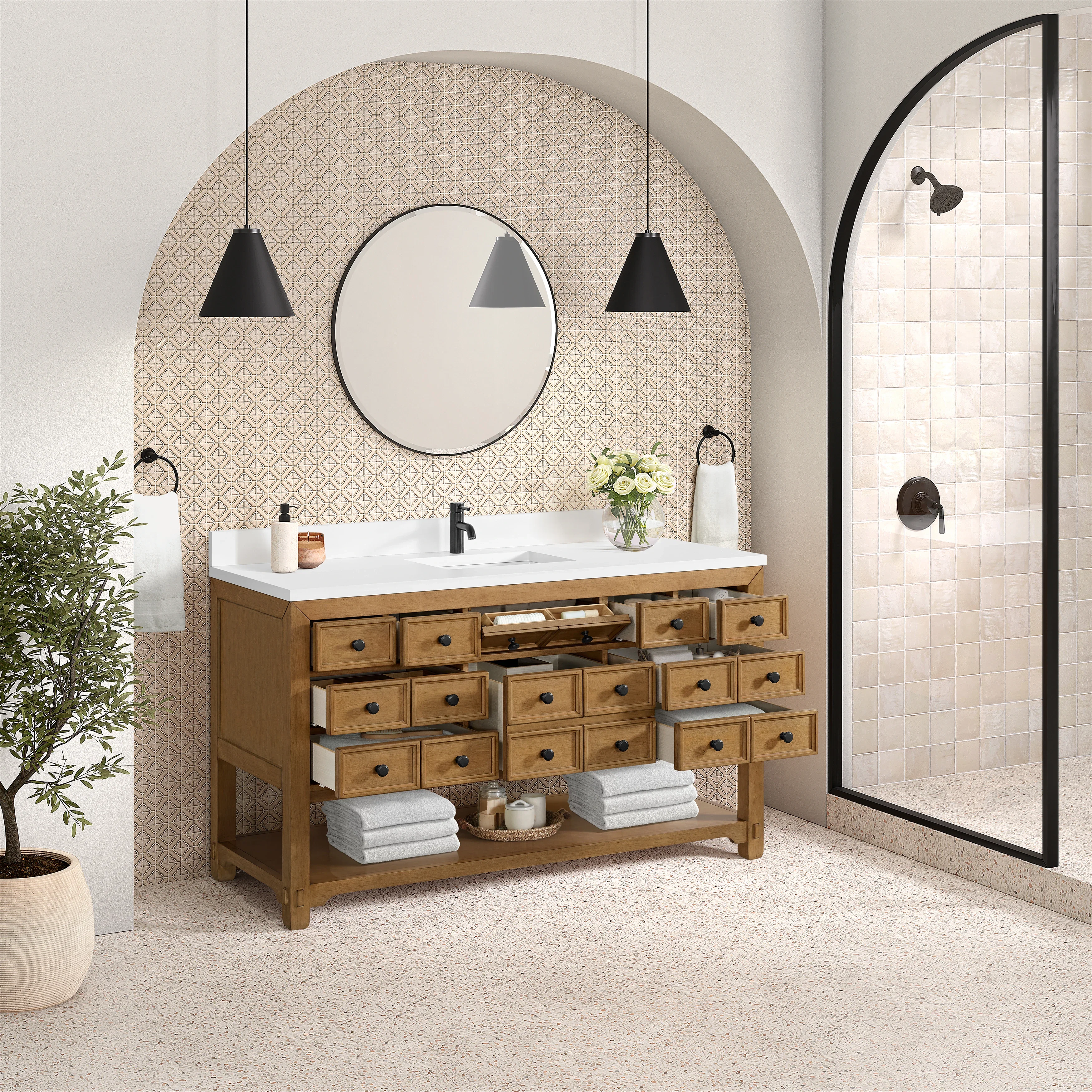 Malibu 60" Single Vanity, Amber Birch w/ Single Hole 3 CM White Zeus Top & Backsplash