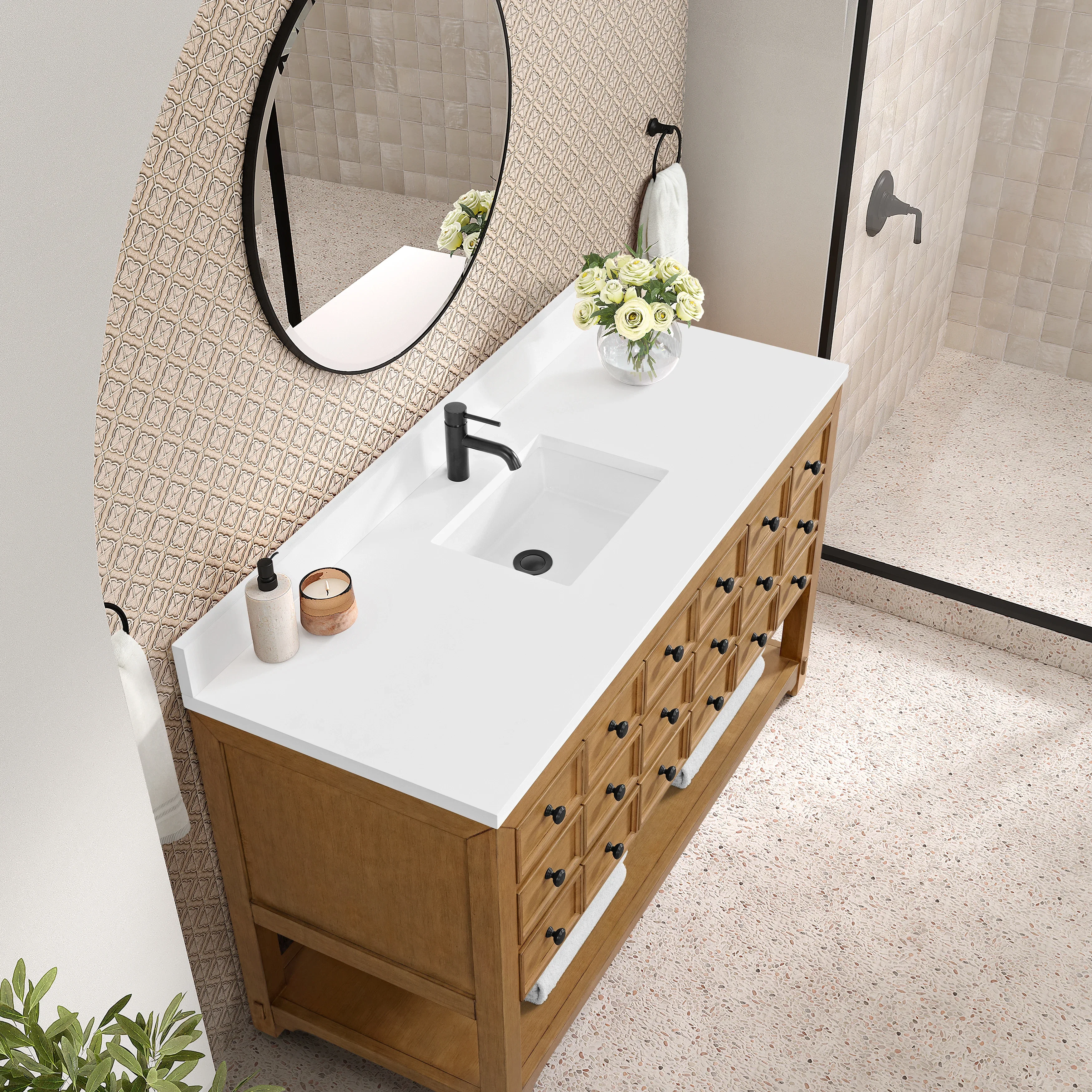 Malibu 60" Single Vanity, Amber Birch w/ Single Hole 3 CM White Zeus Top & Backsplash