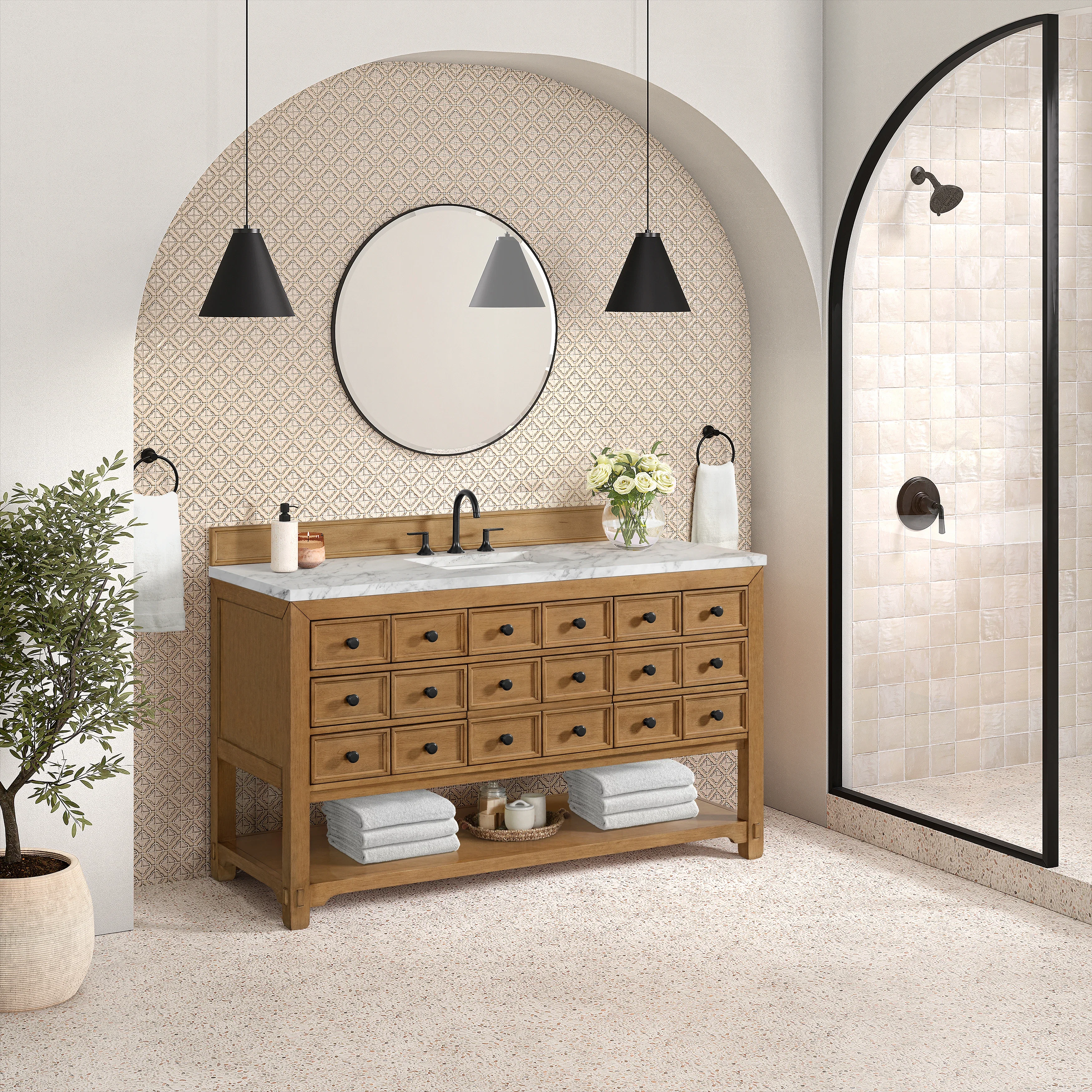 Malibu 60" Single Vanity, Amber Birch w/ 3 CM Carrara Marble Top