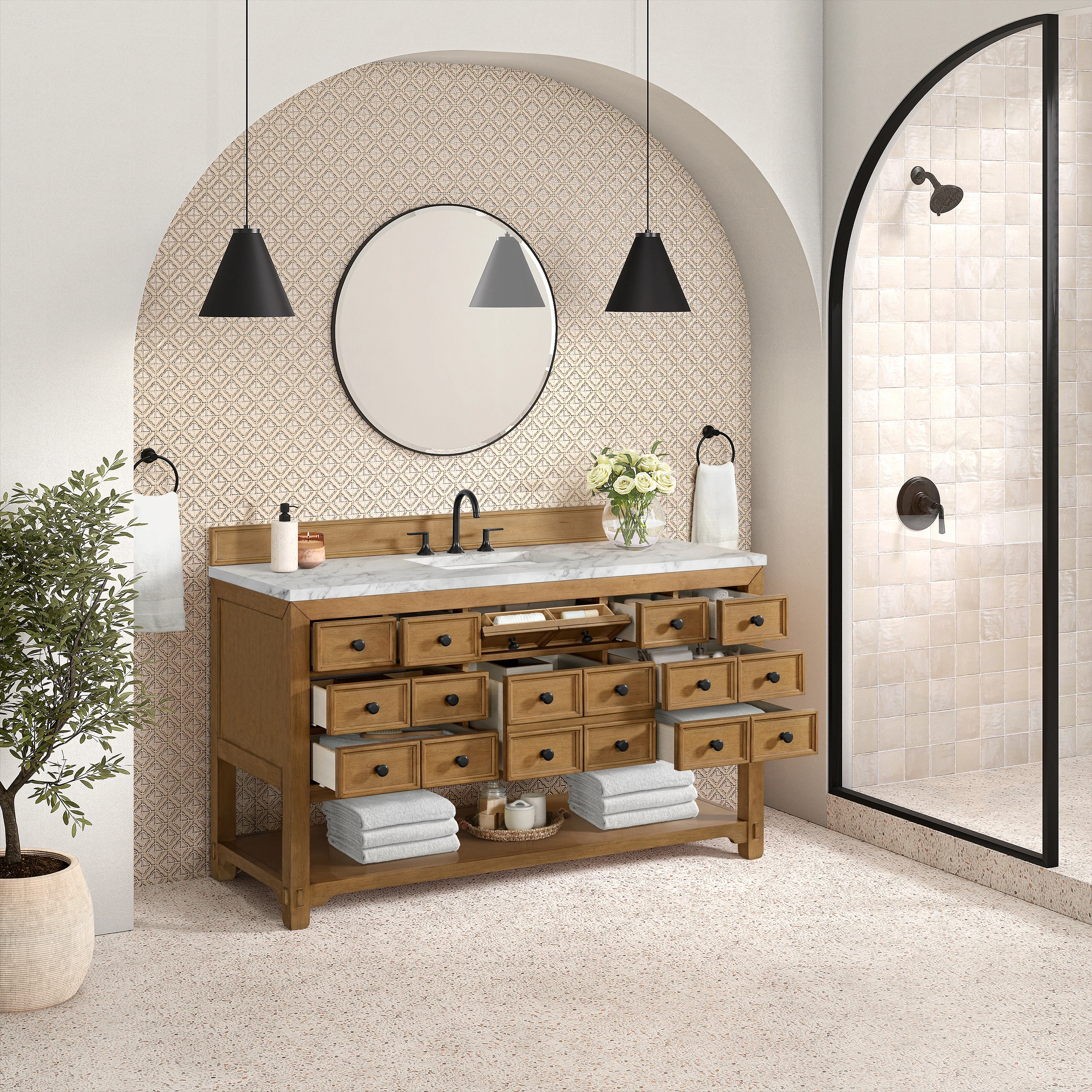 Malibu 60" Single Vanity, Amber Birch w/ 3 CM Carrara Marble Top