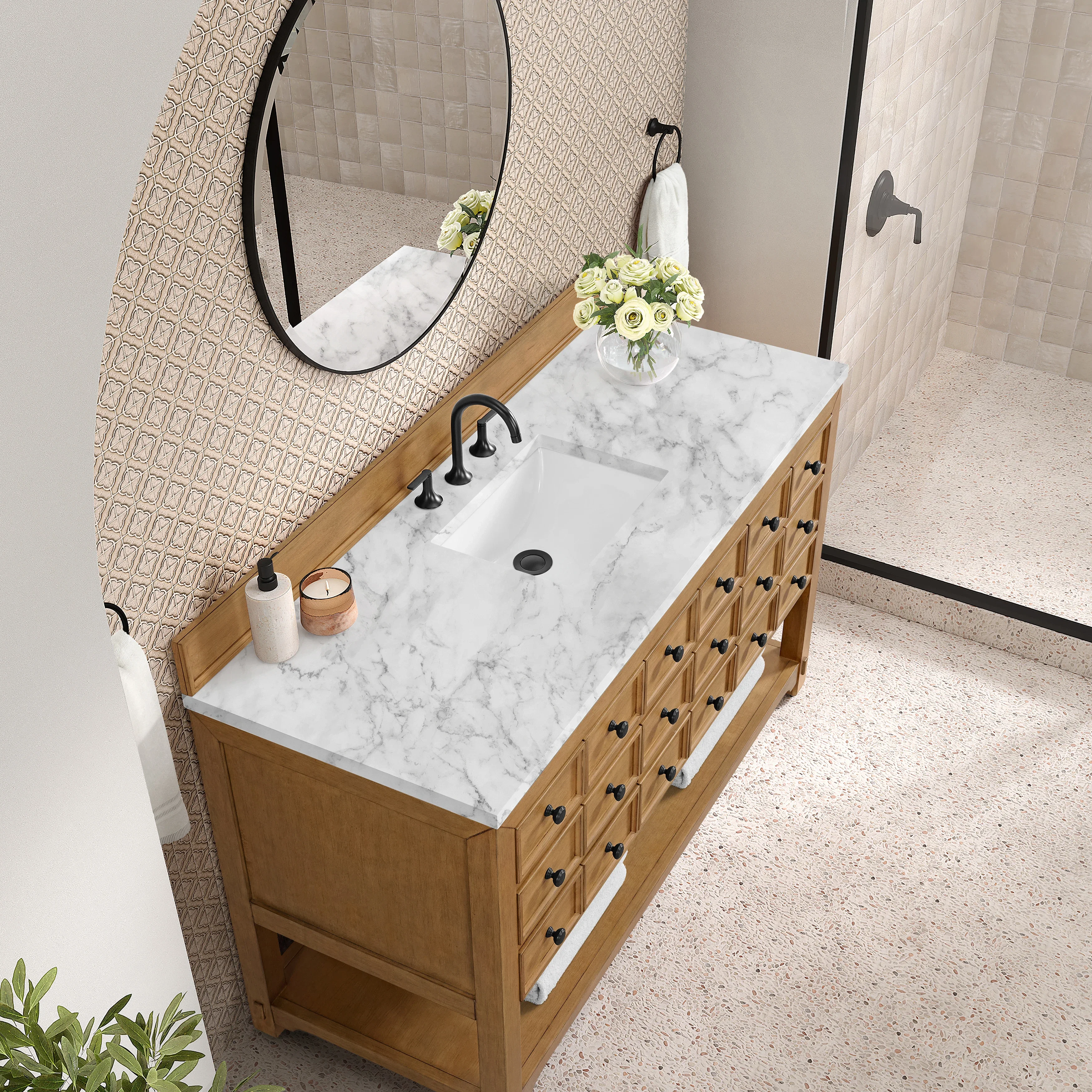 Malibu 60" Single Vanity, Amber Birch w/ 3 CM Carrara Marble Top