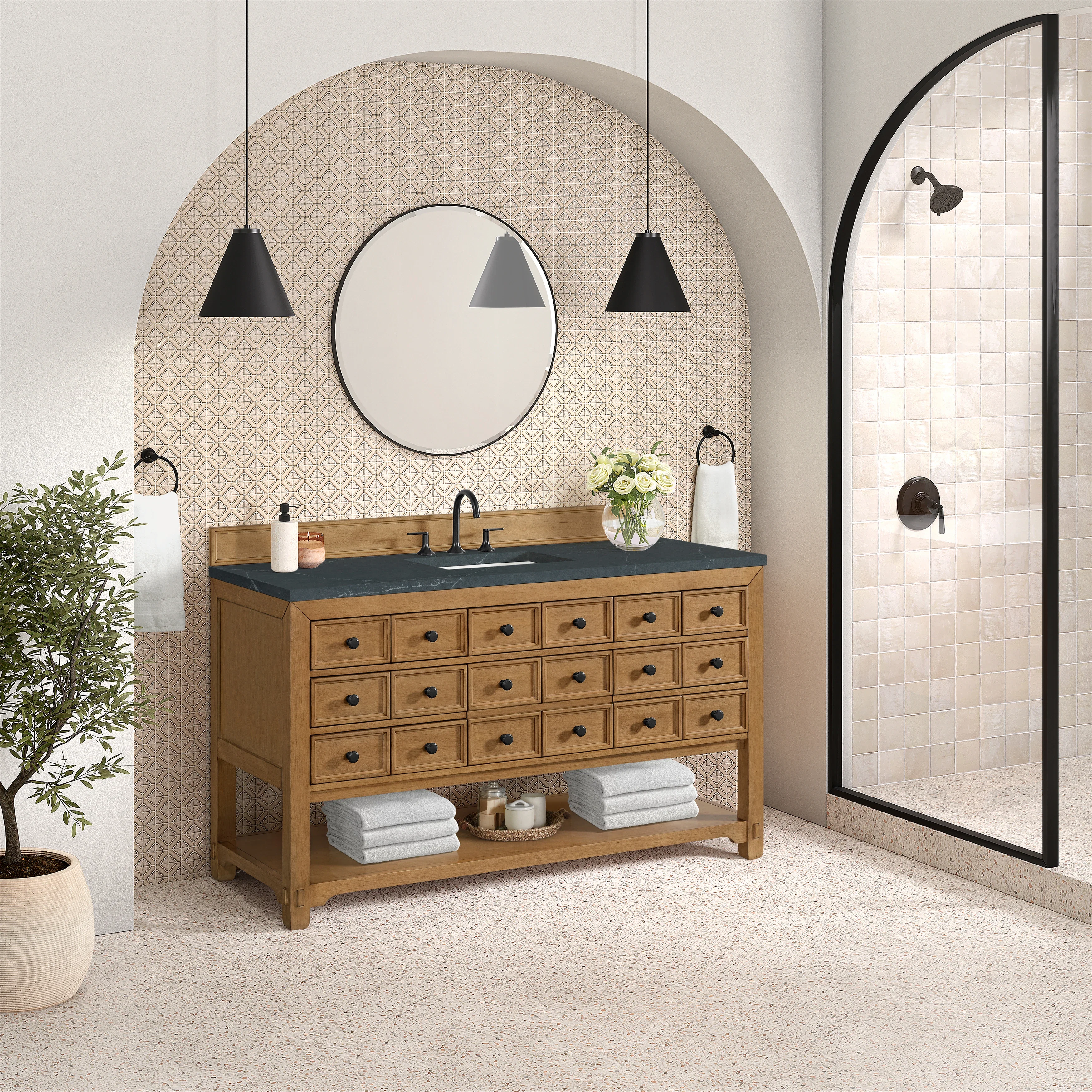 Malibu 60" Single Vanity, Amber Birch w/ 3 CM Charcoal Soapstone Top