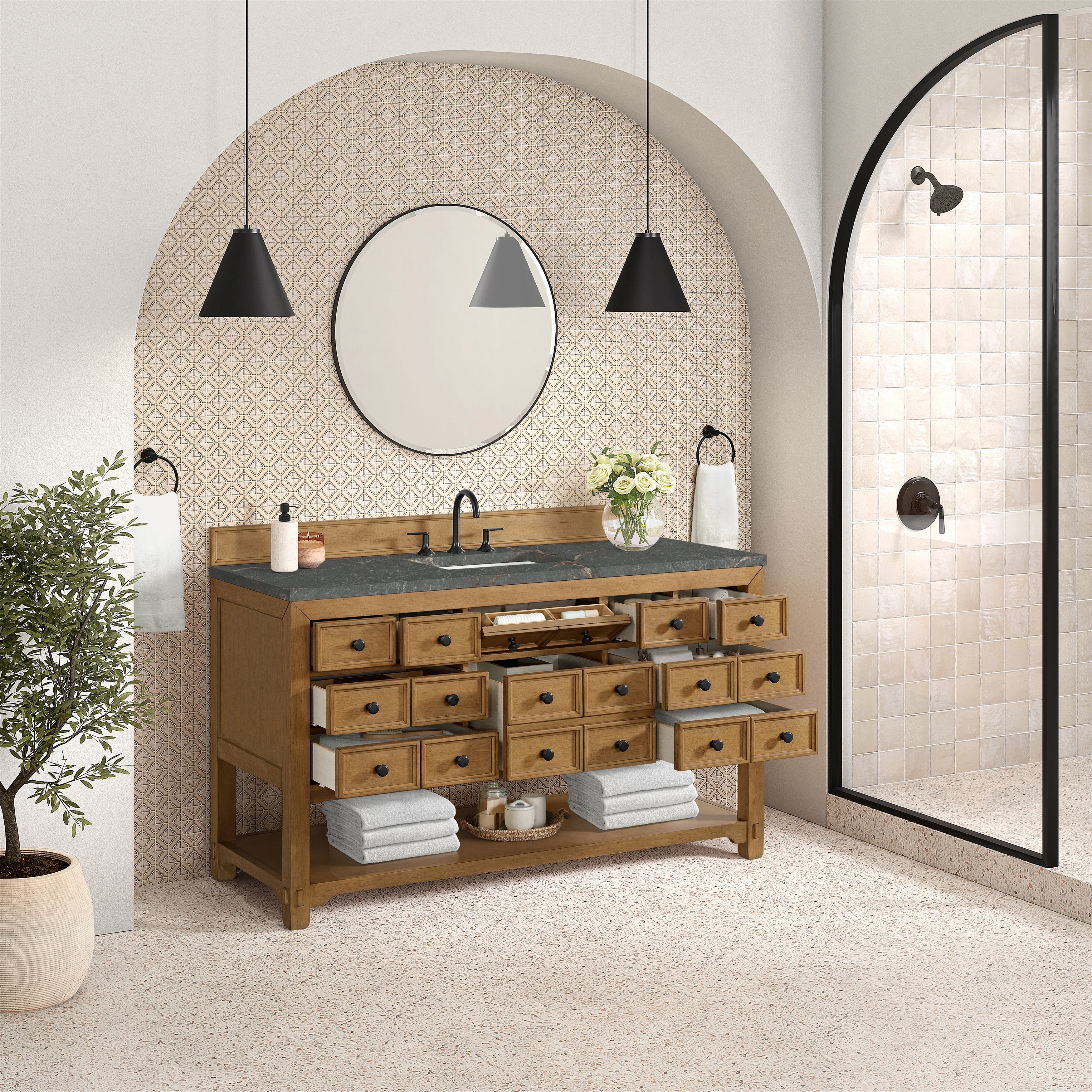Malibu 60" Single Vanity, Amber Birch w/ 3 CM Parisien Bleu Top