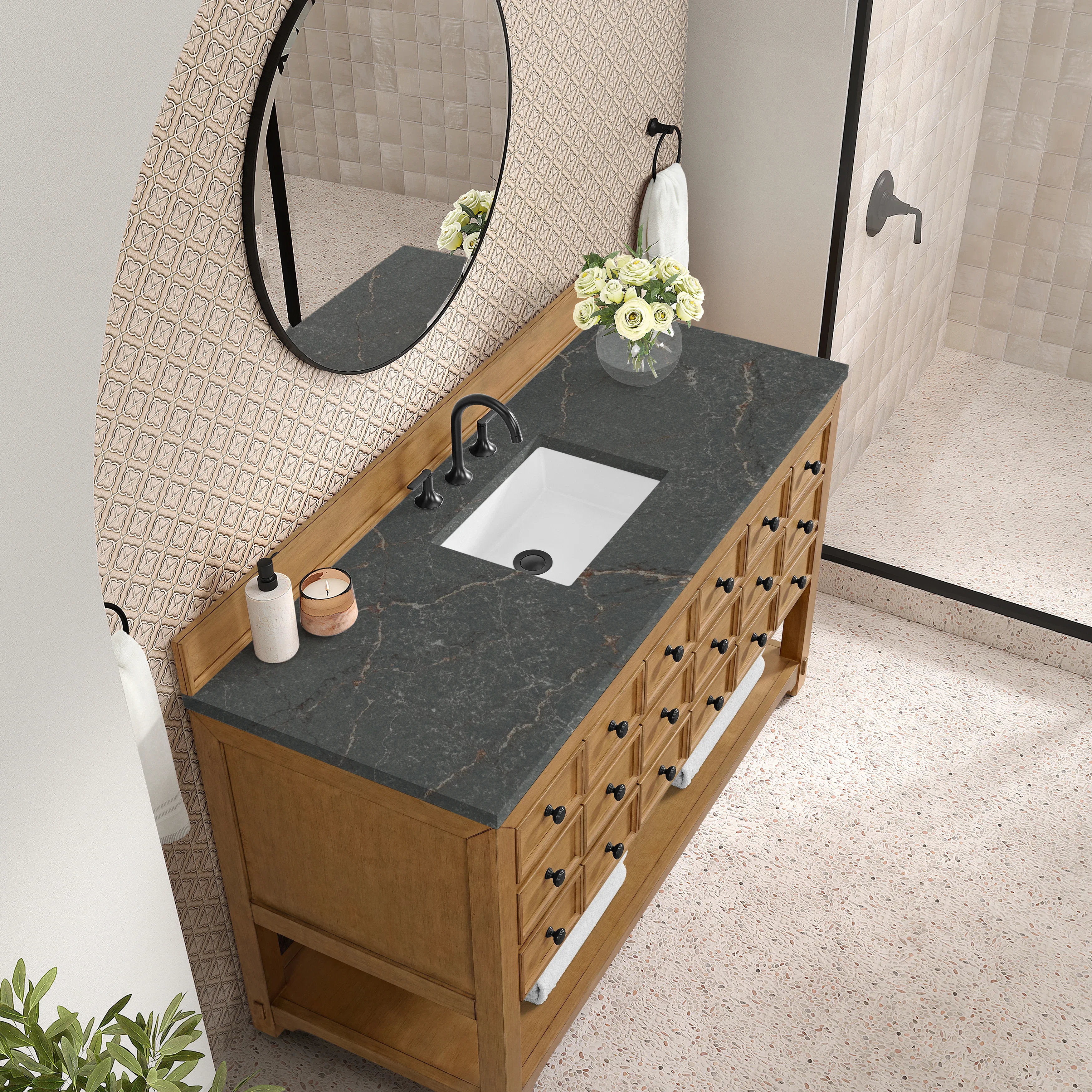 Malibu 60" Single Vanity, Amber Birch w/ 3 CM Parisien Bleu Top
