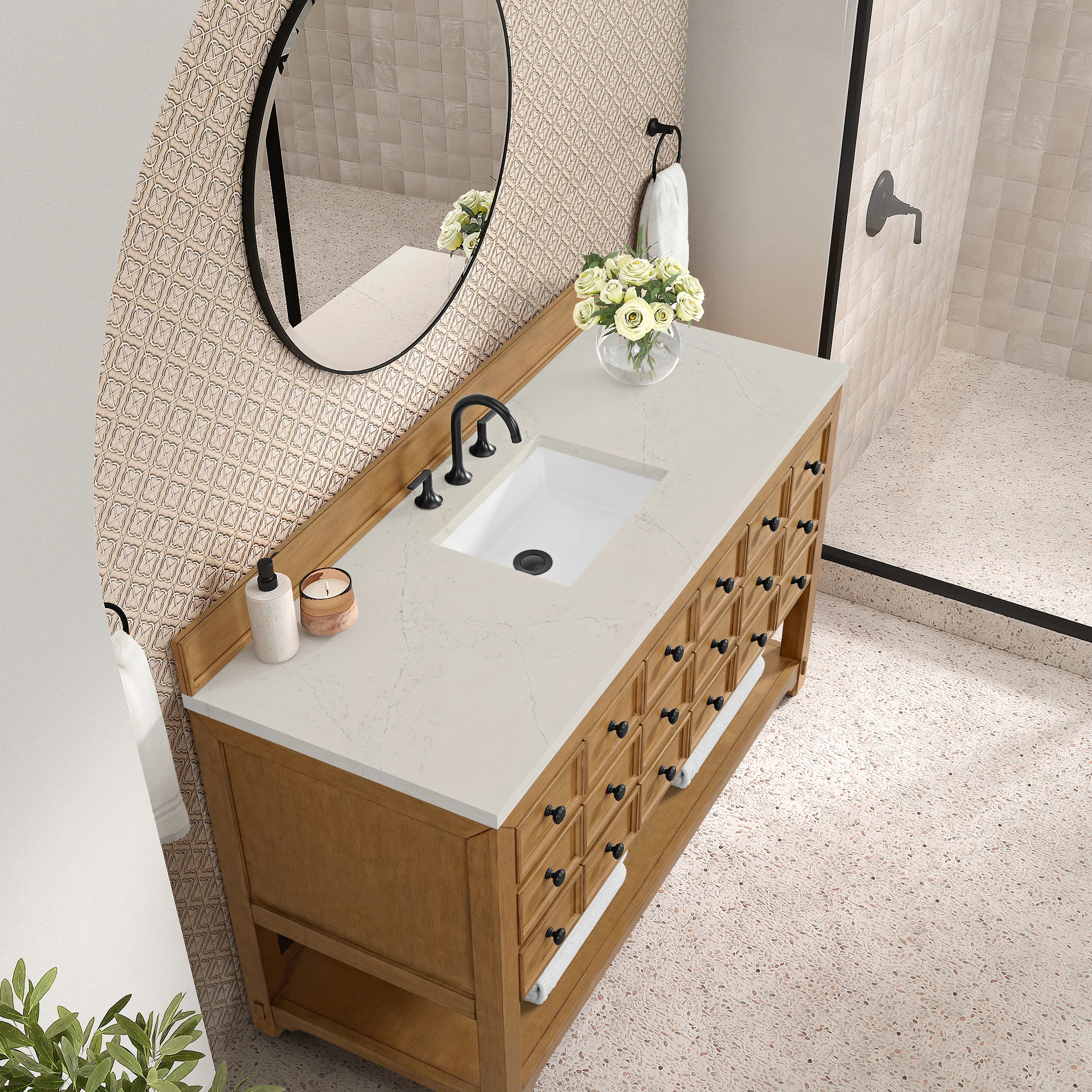 Malibu 60" Single Vanity, Amber Birch, w/ 3 CM Siberian Silestone Top