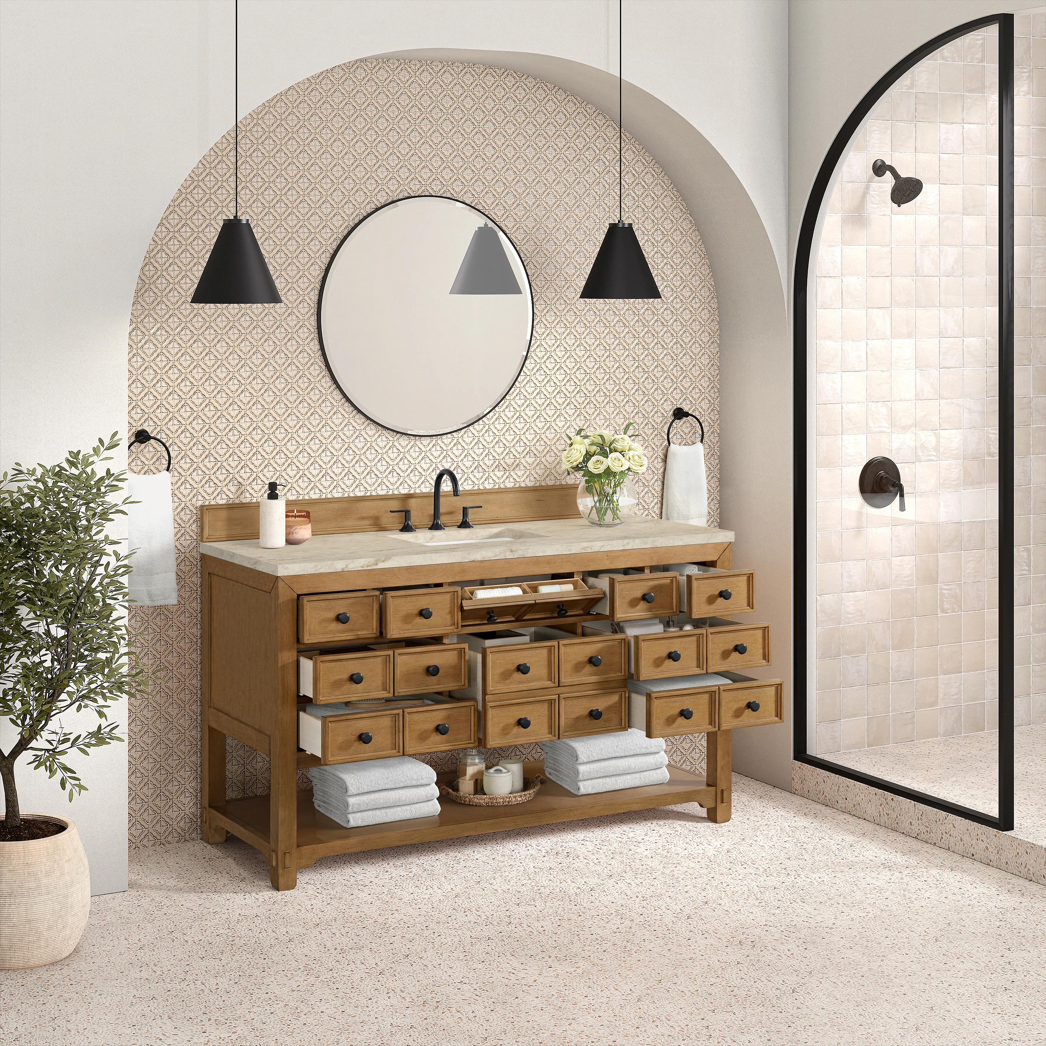 Malibu 60" Single Vanity, Amber Birch, w/ 3 CM Tajnar Eclos Top