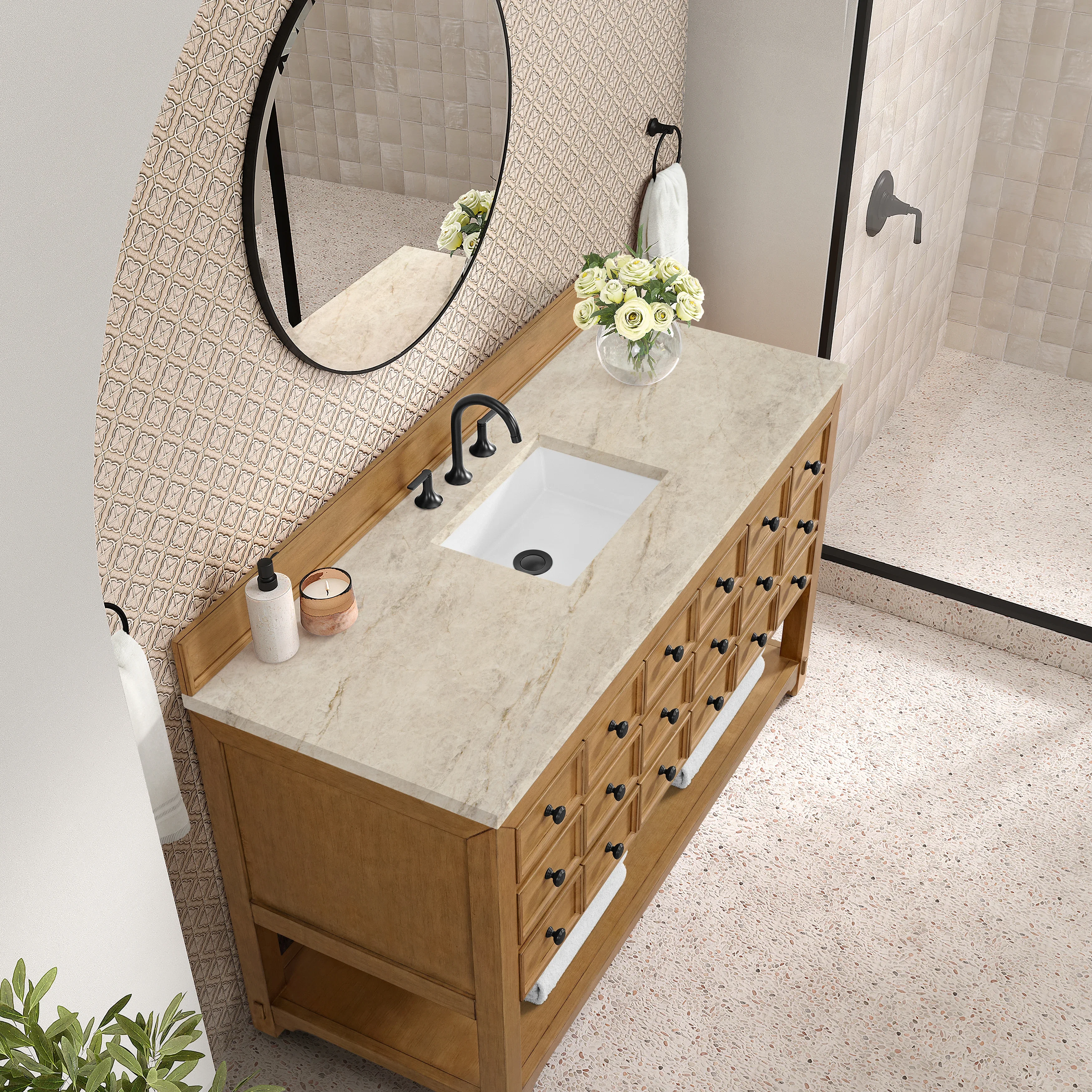 Malibu 60" Single Vanity, Amber Birch, w/ 3 CM Tajnar Eclos Top