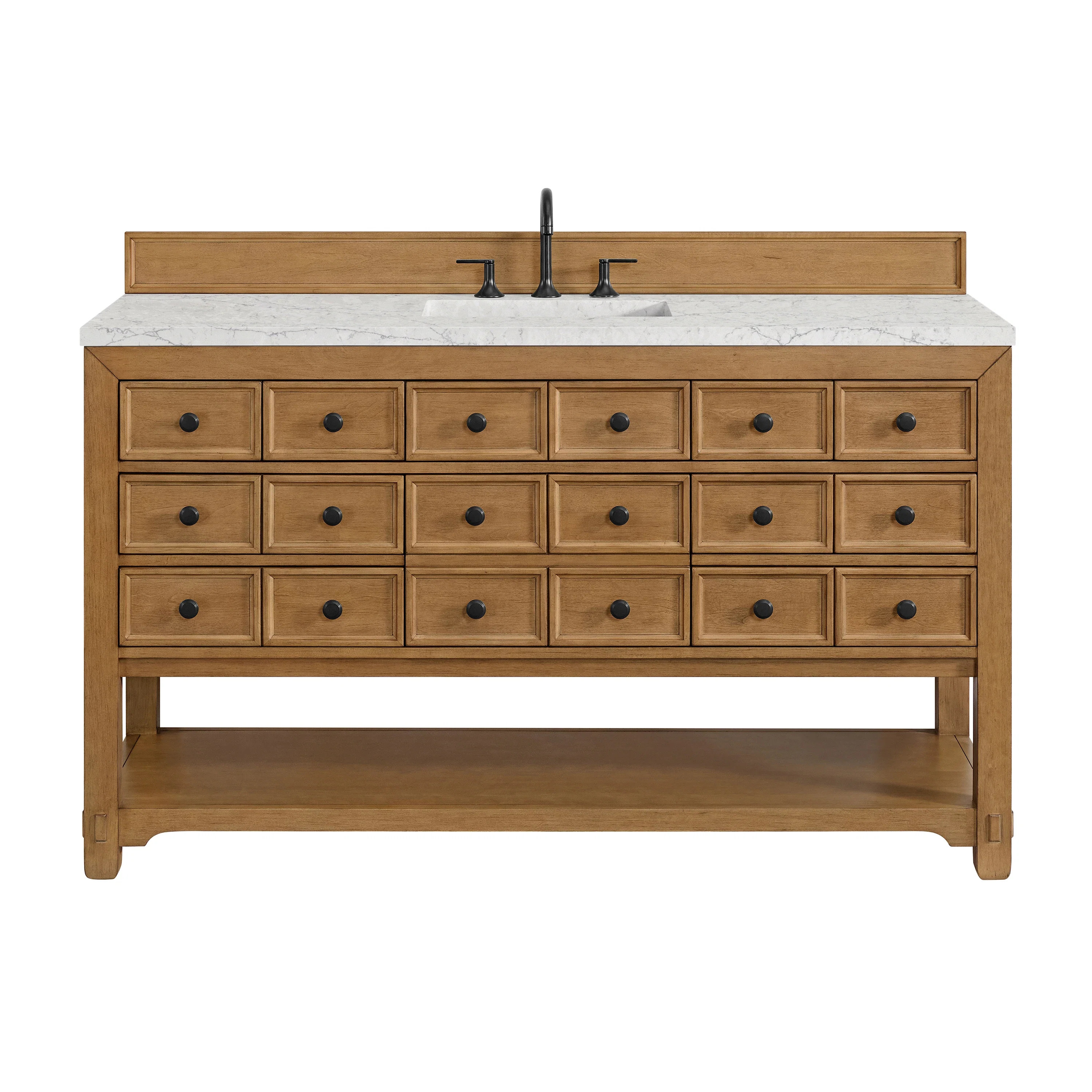Malibu 60" Single Vanity, Amber Birch w/ 3 CM Eternal Jasmine Pearl Top w/ FreePower Wireless Charger